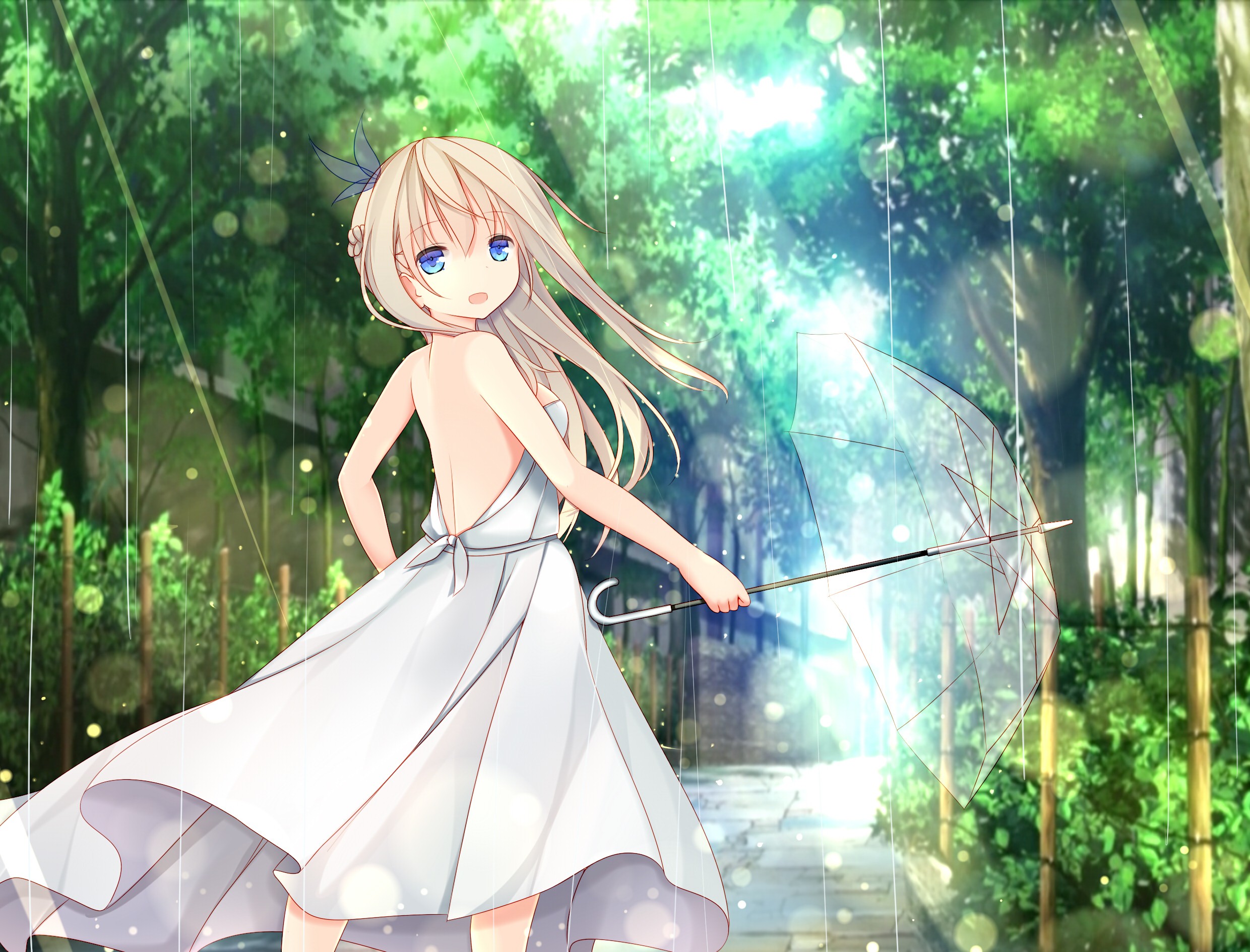 Anime Anime Girls Long Hair Warship Girls Rain Umbrella Dress Trees 2480x1889