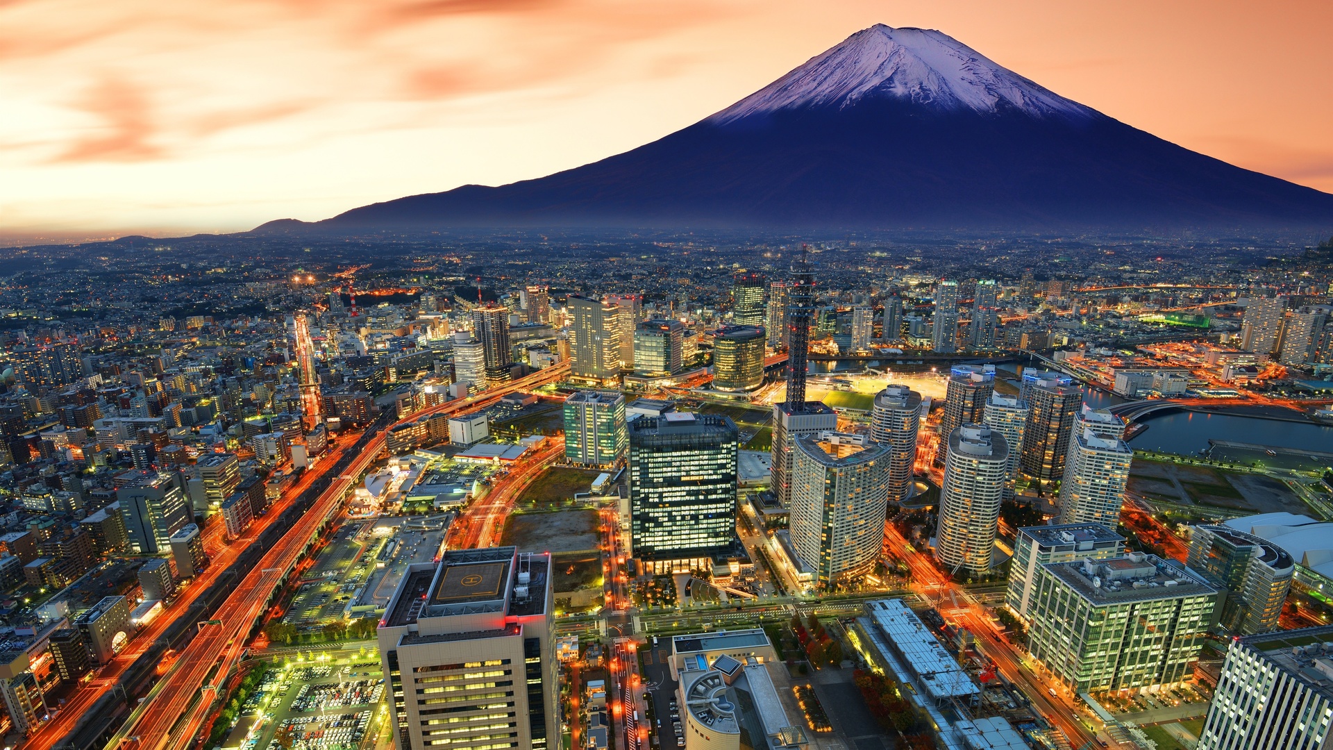 Architecture Building Cityscape City Yokohama Japan Mount Fuji Mountains Snowy Peak Skyscraper Eveni 1920x1080