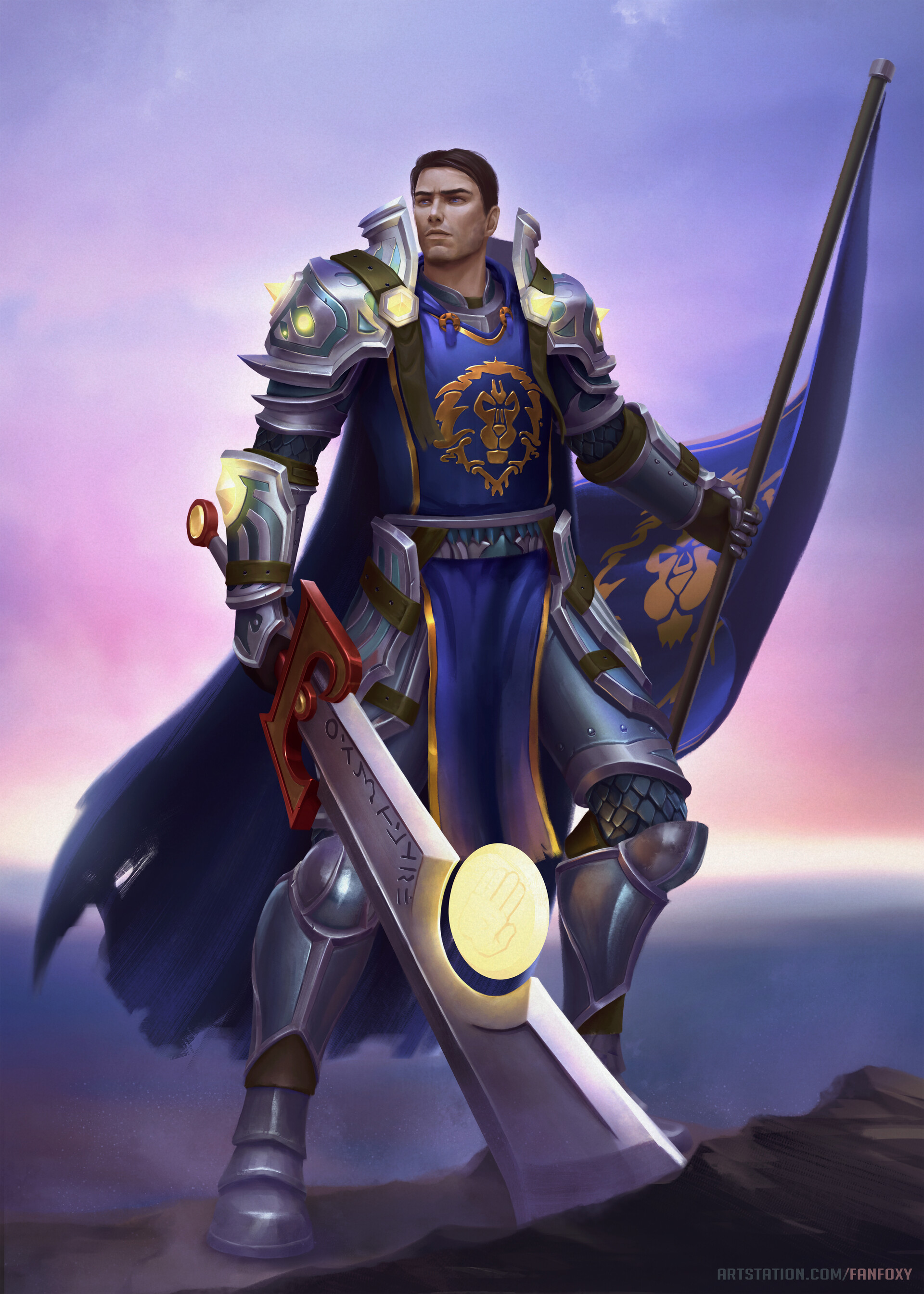 Fanfoxy Drawing Men Paladin Warcraft Alliance Armor Flag Looking Away Weapon Ashbringer Sword 1920x2688