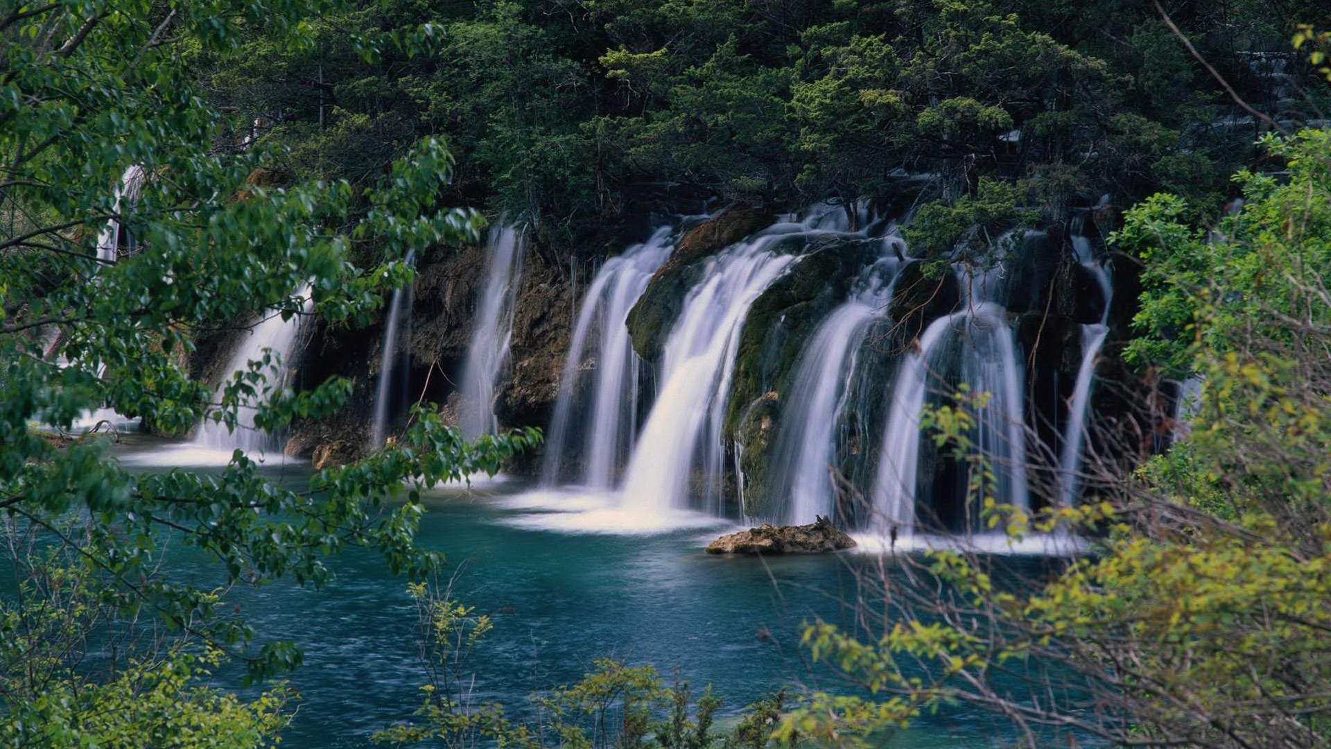 Waterfall Forest Wilderness Plitvice National Park 1920x1080