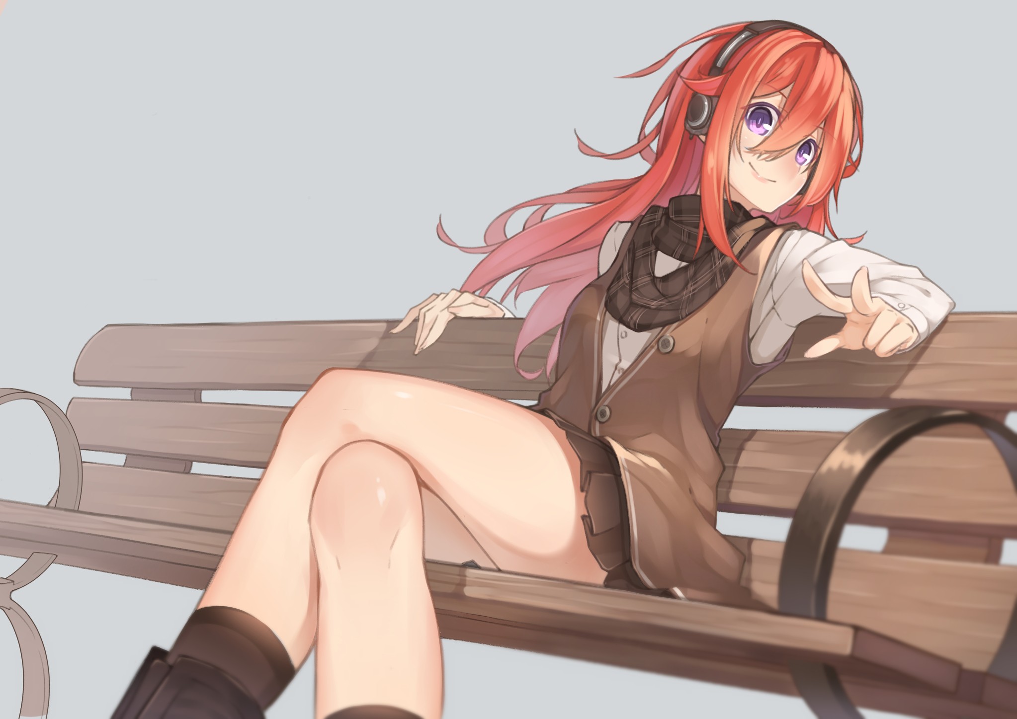 Akame Ga Kill Chelsea Bench Simple Background Headphones Redhead Scarf Blushing Violet Eyes 2046x1447