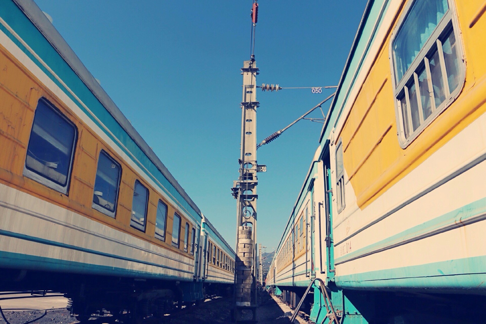 Train Railway Station Power Lines Yellow Clear Sky Sky Lines 1680x1120