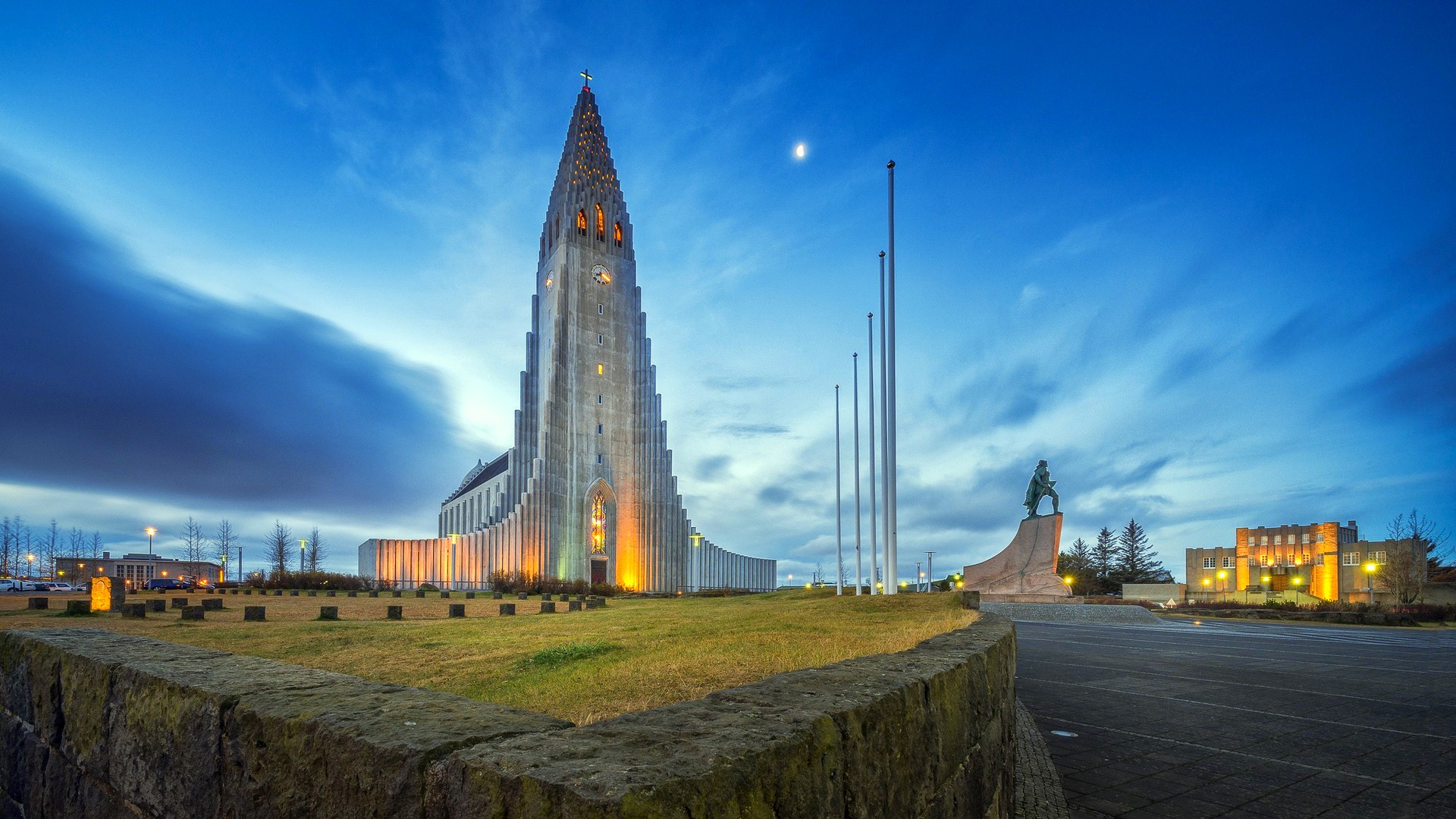 Architecture Building Reykjavik Iceland Church Modern City Clouds Evening Moon Statue Field Grass St 1920x1080