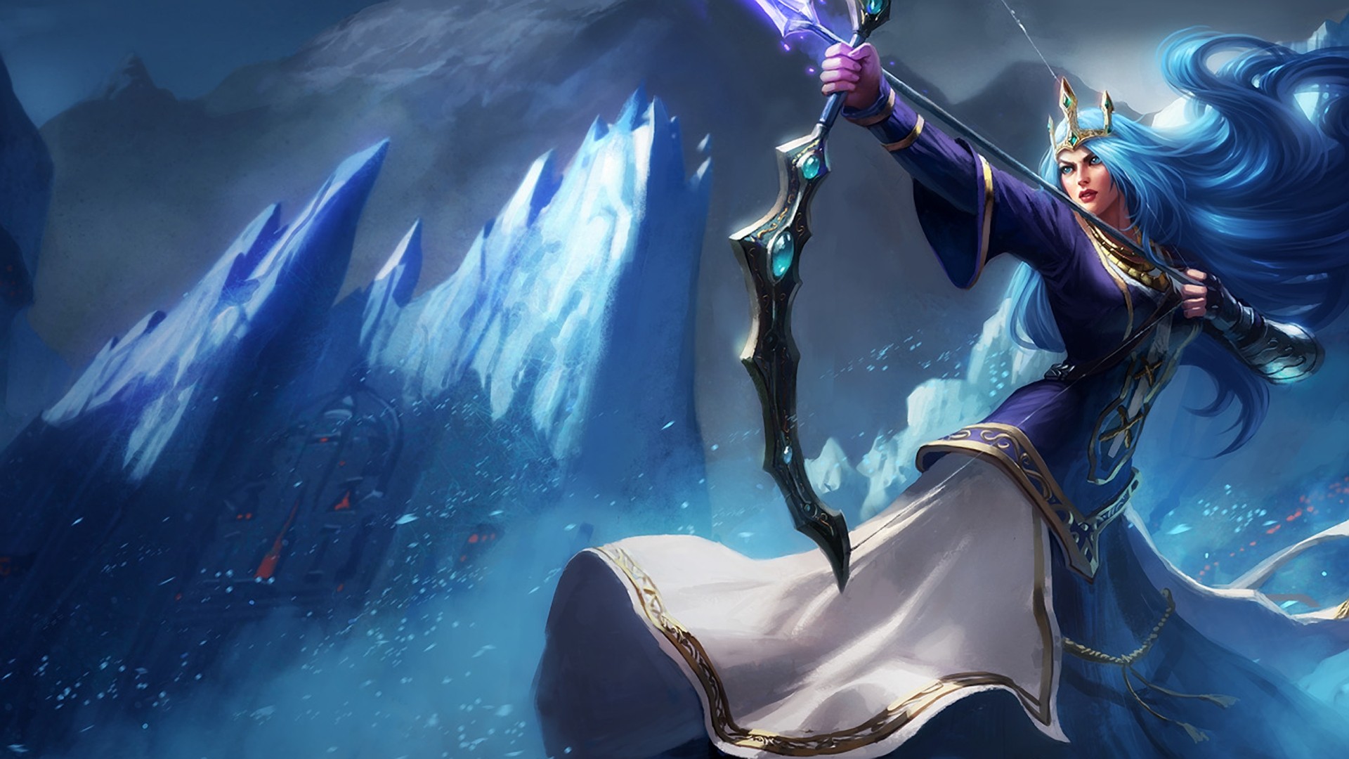 League Of Legends Ashe Fantasy Girl Video Game Warriors Bow Fantasy Art PC Gaming Blue Hair 1920x1080