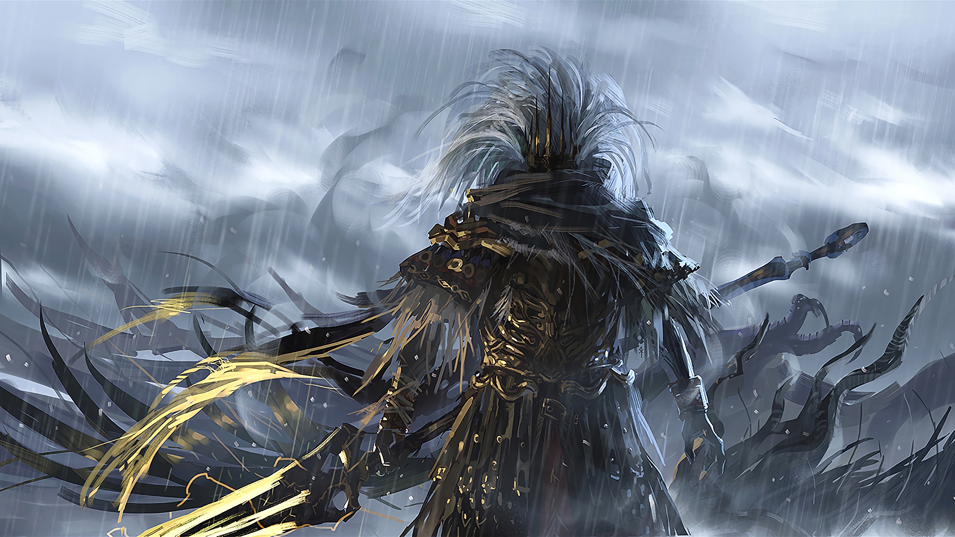 Dark Souls Iii Video Games Nameless King Dark Souls Digital Art Artwork Spear Rain 1920x1080