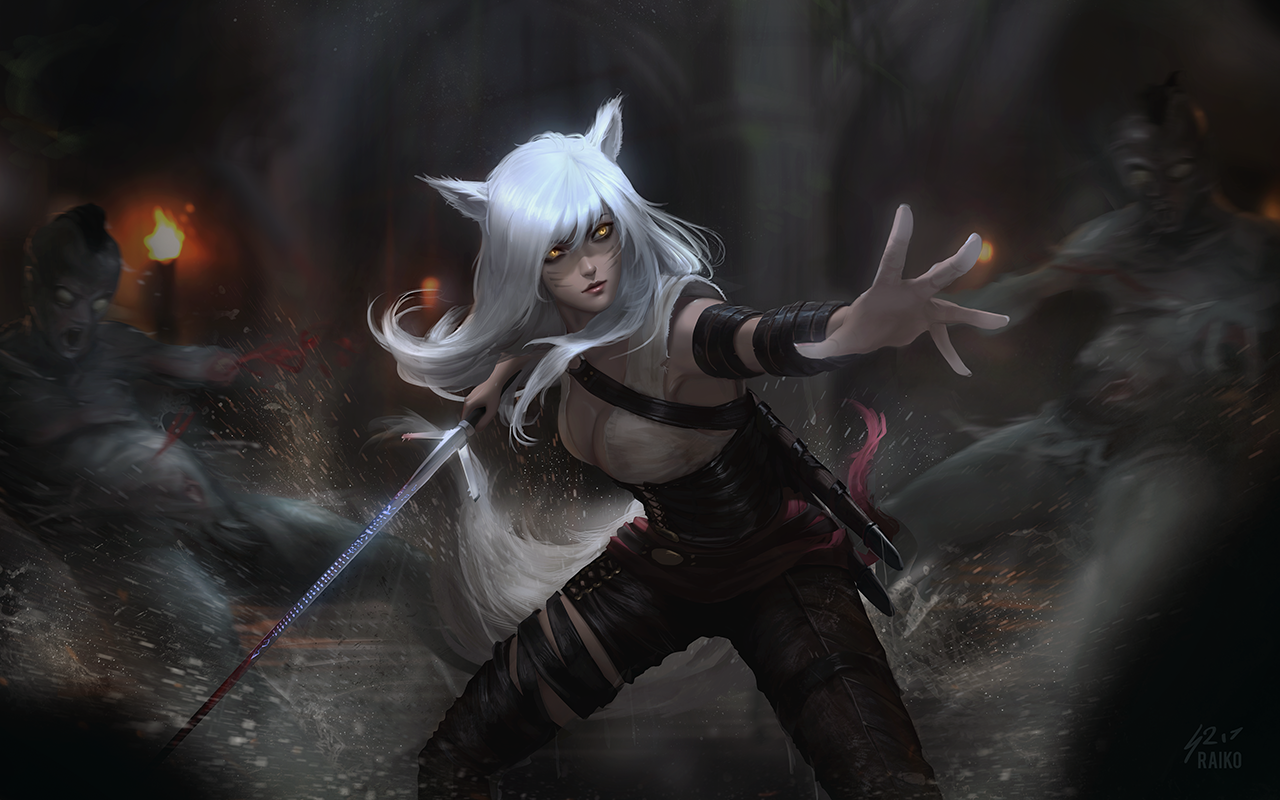 Sword Weapon Animal Ears Crossover Foxgirl Tail Watermarked White Hair Yellow Eyes 1280x800