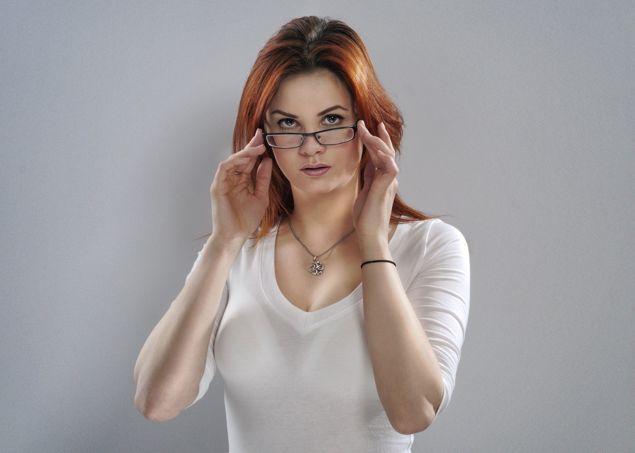 Women Model Redhead Face Portrait Women With Glasses Touching Glasses 2048x1463