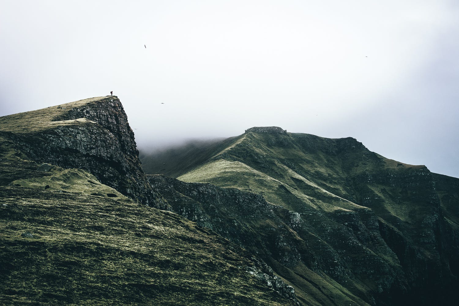 Mountains Clouds Mist Alone Rain Storm Faroe Islands Hiking Overcast Cliff 1500x1000