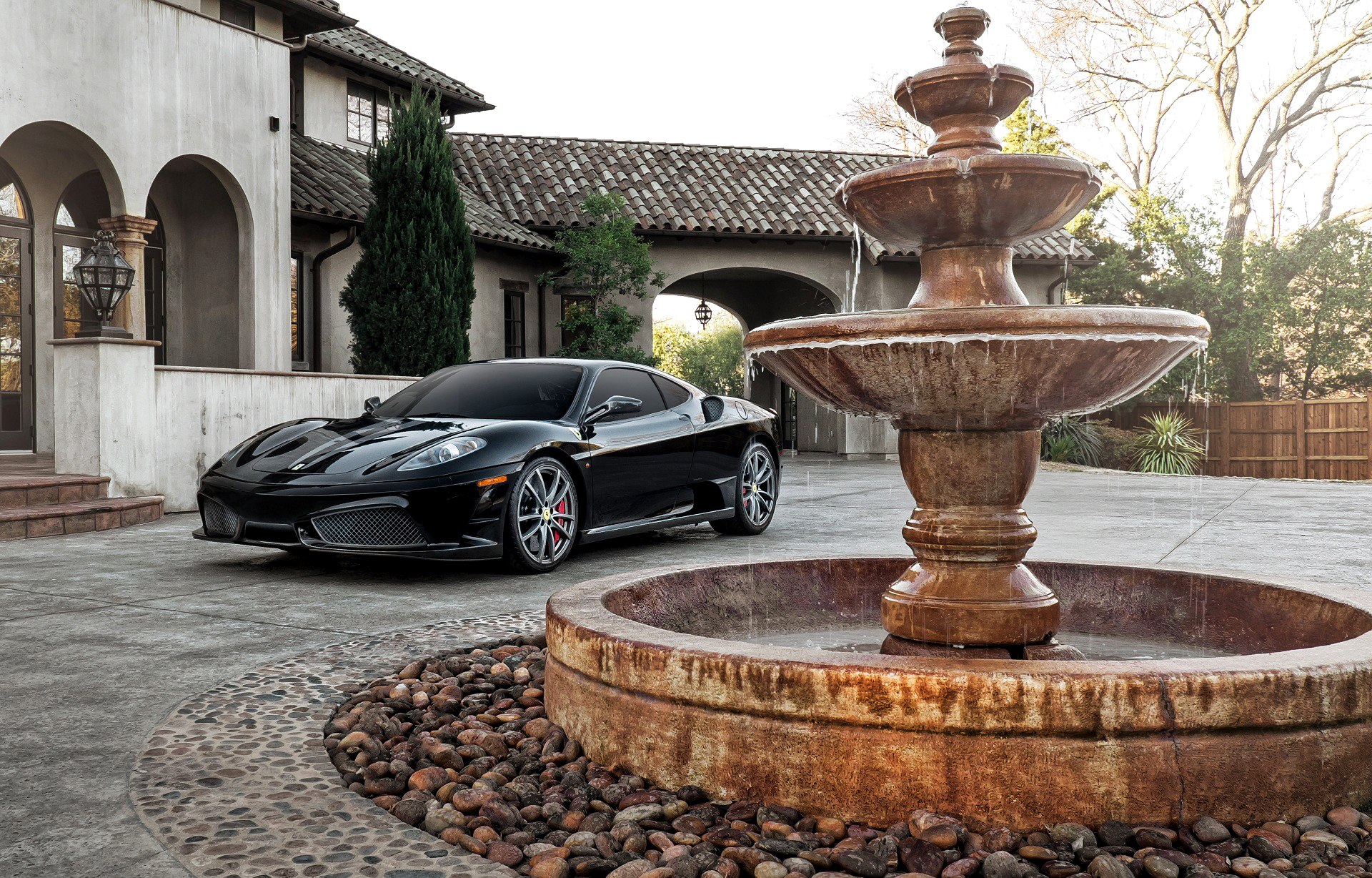 Ferrari F430 Ferrari Fountain Supercar Sport Car Black Car Car Vehicle 1920x1228