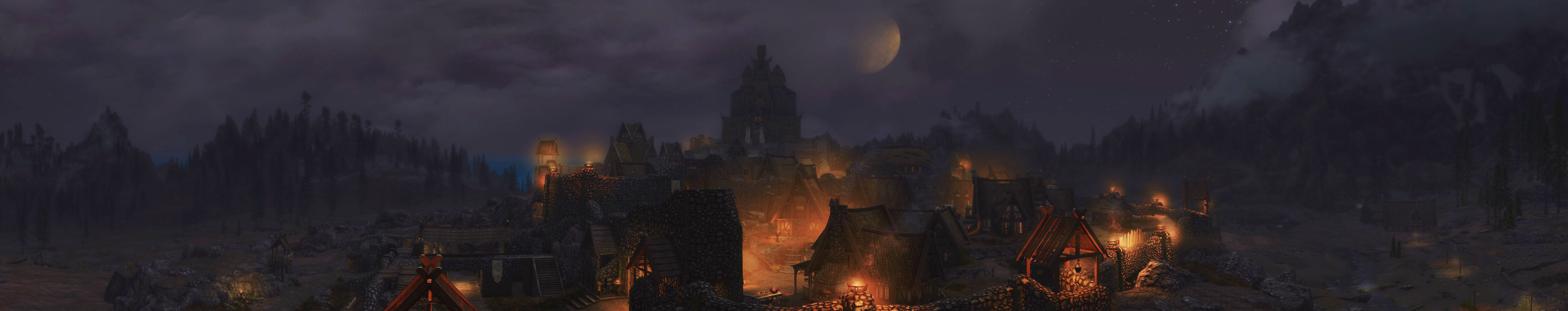 The Elder Scrolls V Skyrim Panoramas Lights Castle Medieval The Elder Scrolls Whiterun Fantasy City  5338x1061