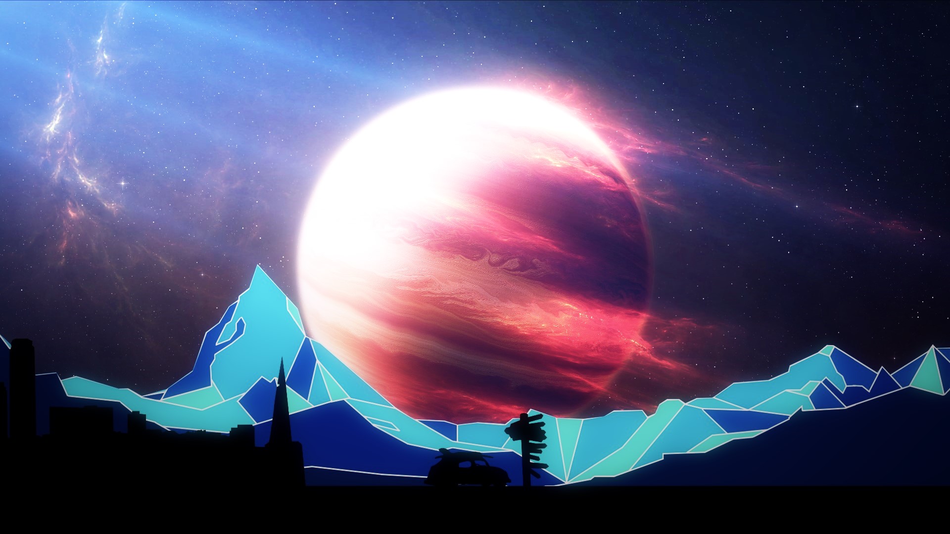 Space Travel Galaxy Saturn Car Mountains Cyan Red Space Art Planet 1920x1080
