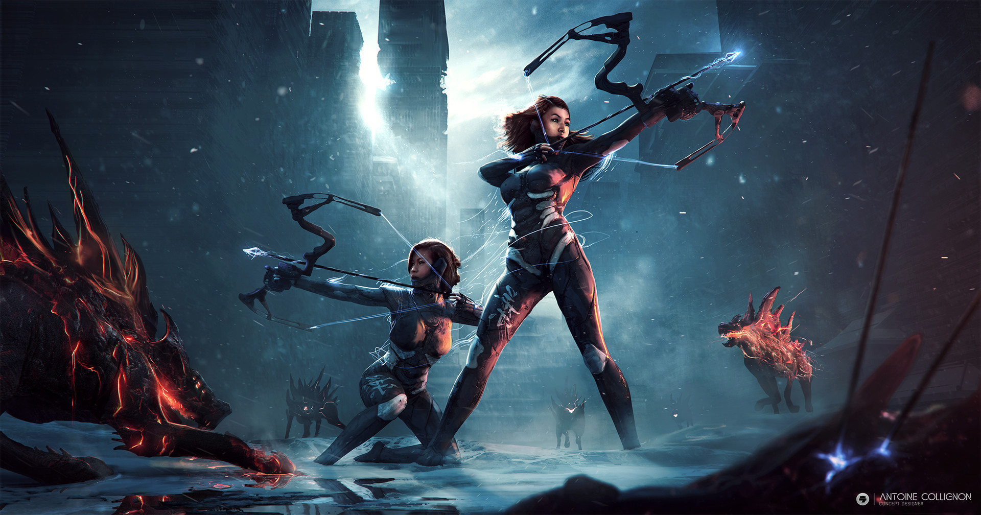 Digital Art Hunter Women Asian City Arc Fantasy Art Gamer Antoine Collignon 1920x1008