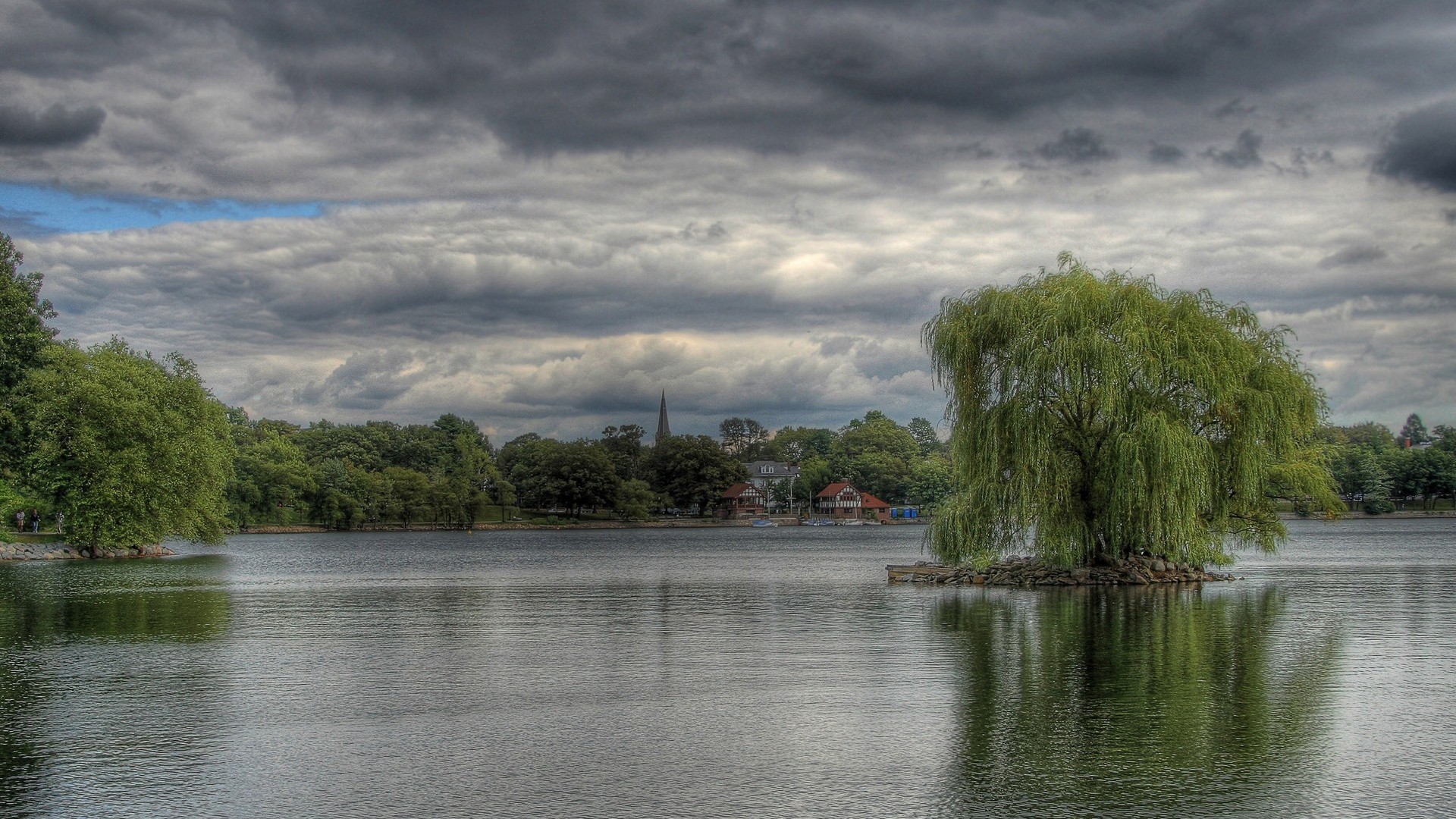 Landscape HDR Willow Trees Willows Lake Island 1920x1080