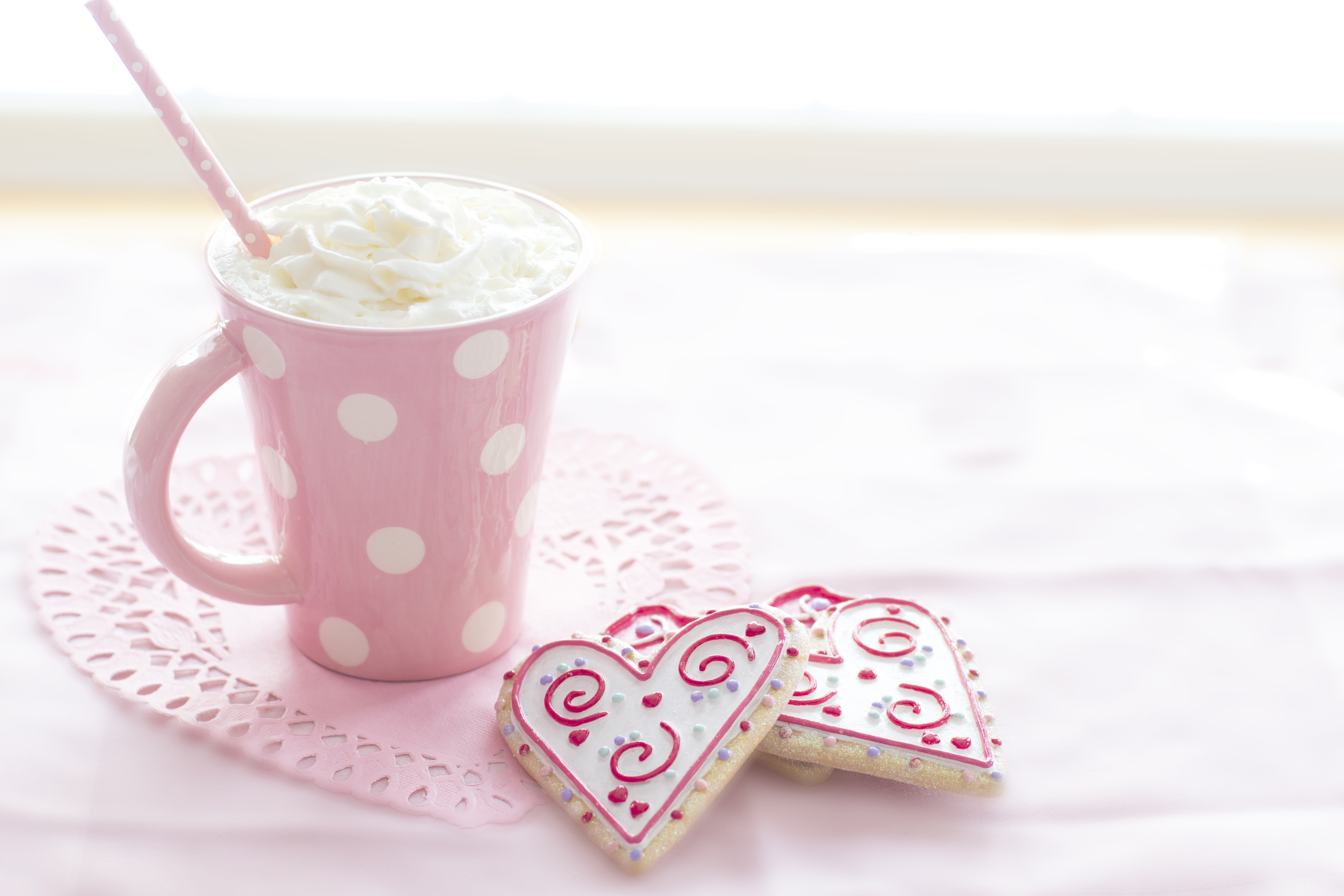 Hot Chocolate Drink Cookie Heart Shaped Pink Cream 5184x3456
