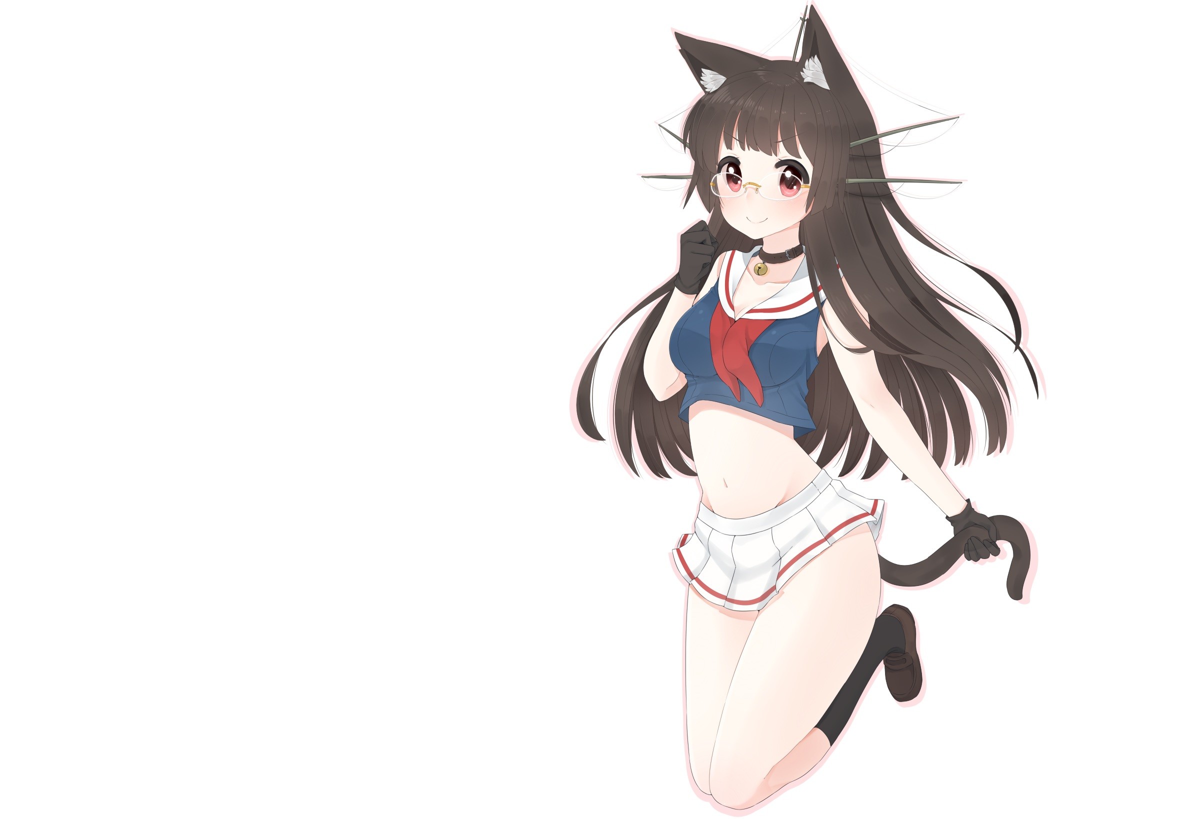 Anime Anime Girls Long Hair Cat Girl Animal Ears Bell Black Hair Glasses Gloves Skirt Tail Kantai Co 2400x1638