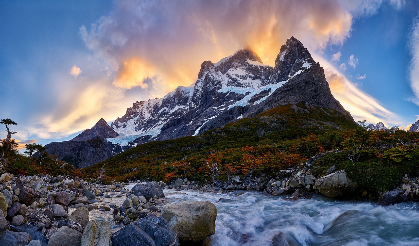 Nature Landscape Mountains River Forest Torres Del Paine Chile Snowy Peak 1700x1000