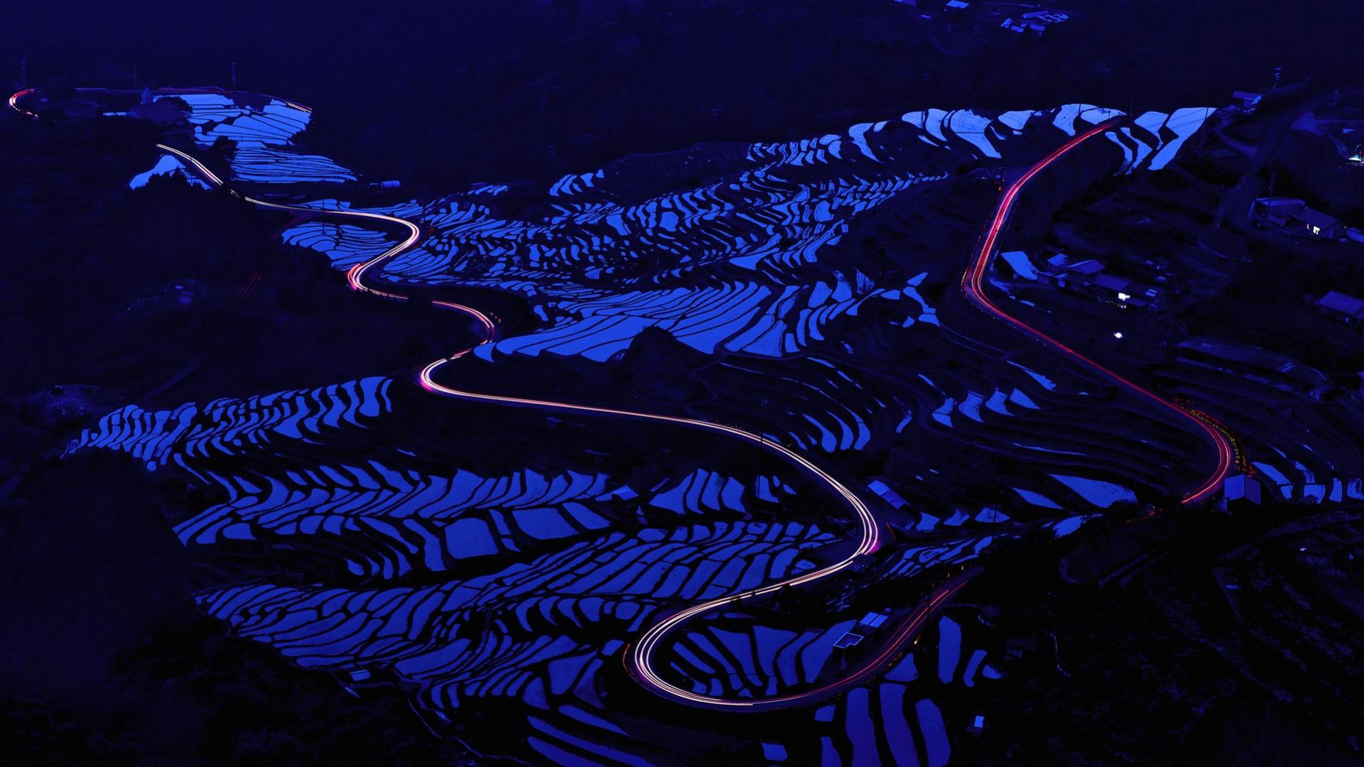 Photography Night Rice Paddy Nature Road Long Exposure Blue Light Trails 1920x1080