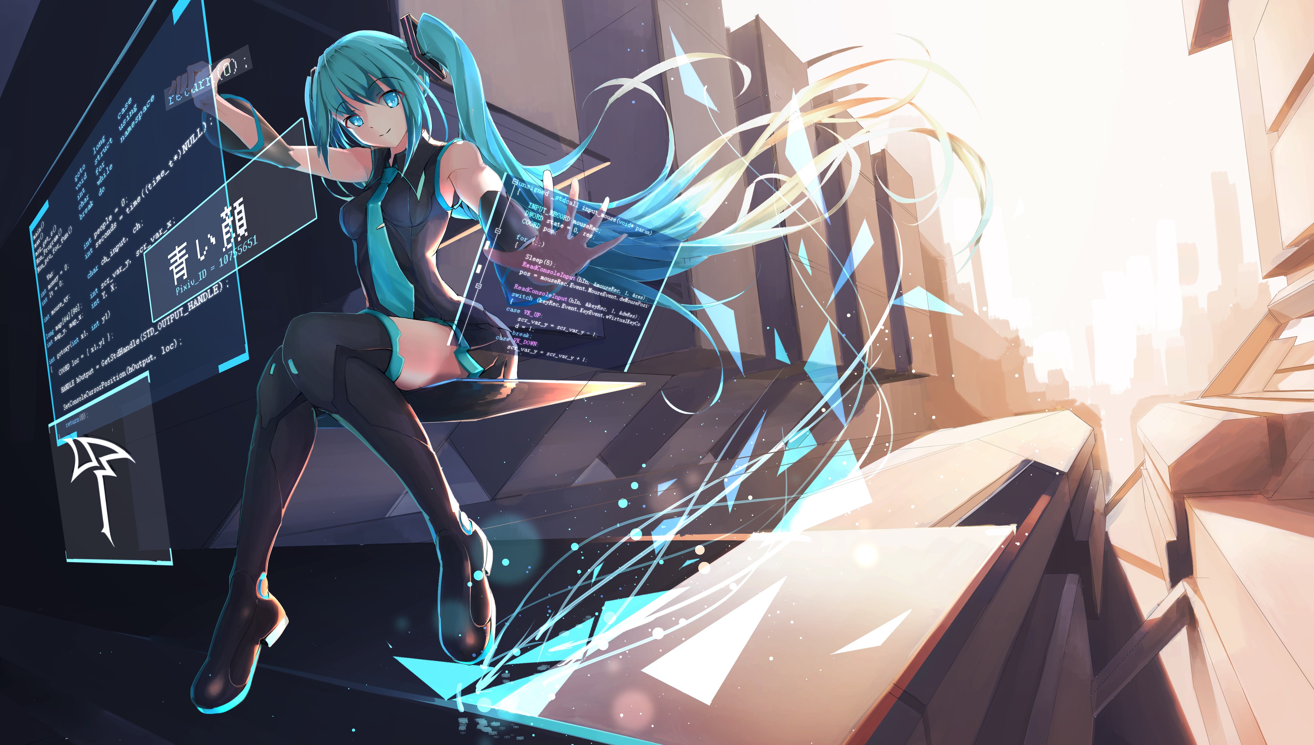 Anime Girls Long Hair Vocaloid Hatsune Miku Thigh Highs Blue Hair Blue Eyes Twintails Computer Inter 4552x2580