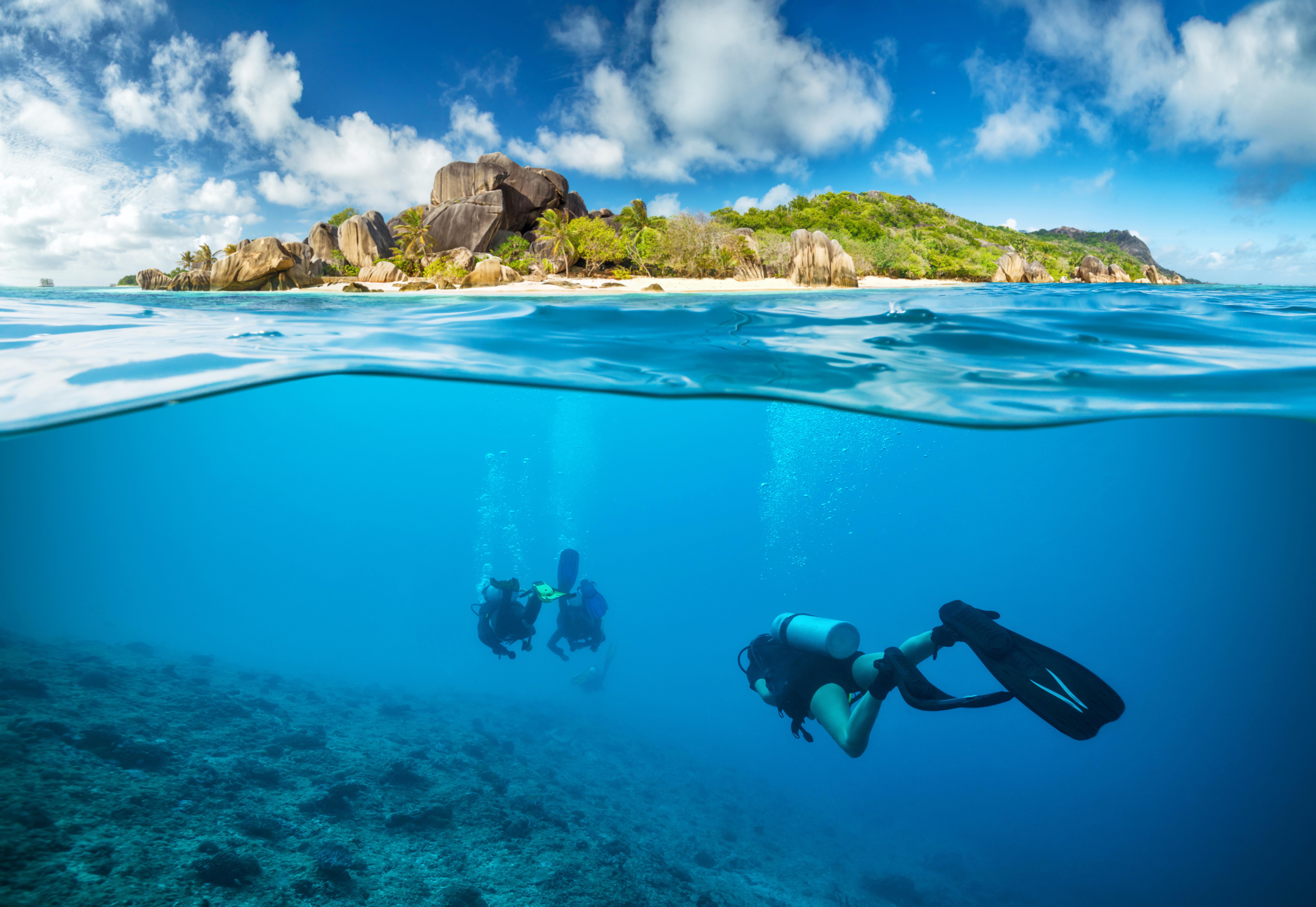 Landscape Scuba Underwater Coral Wetsuit Blurred Diving Suits Island Pacific Ocean Summer Split View 9000x6205
