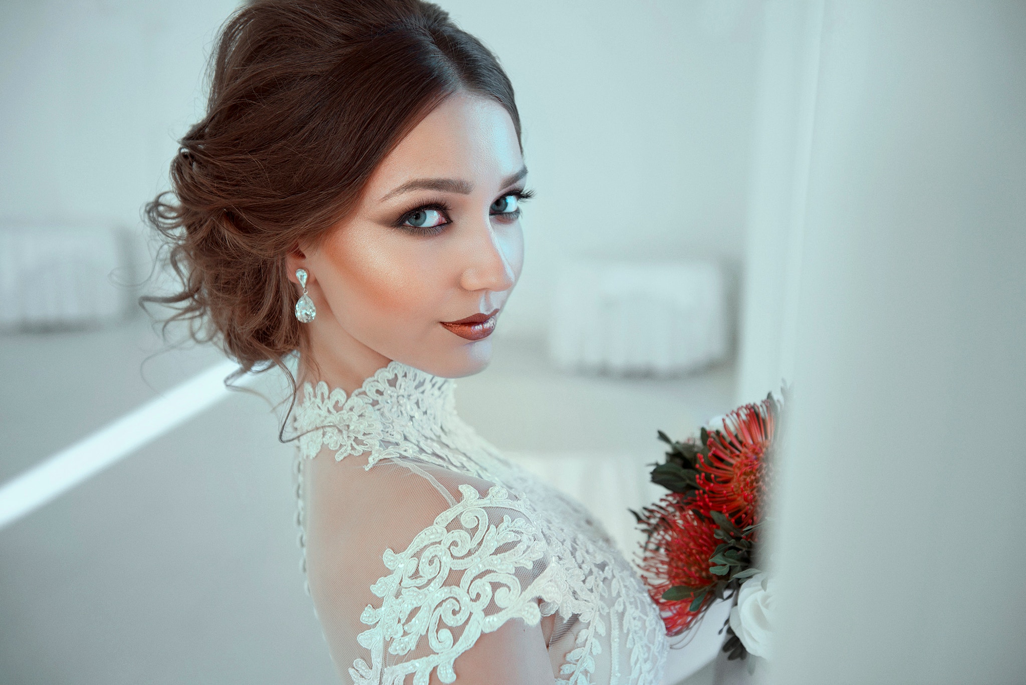 Women Face Portrait Eyeliner Blue Eyes Silvestru Popescu Makeup Brides Lace Top Looking At Viewer Br 2048x1367