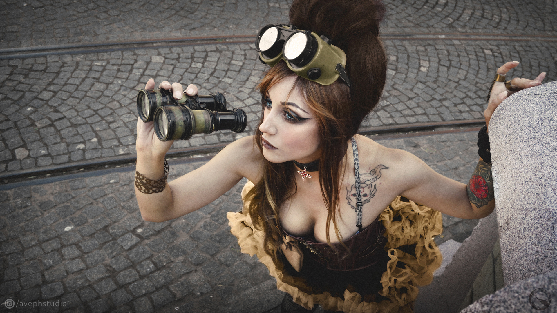 Steampunk Chocolette Avephstudio Binoculars Inked Girls Tattoo Long Hair Blue Eyes Alternative Subcu 1920x1080