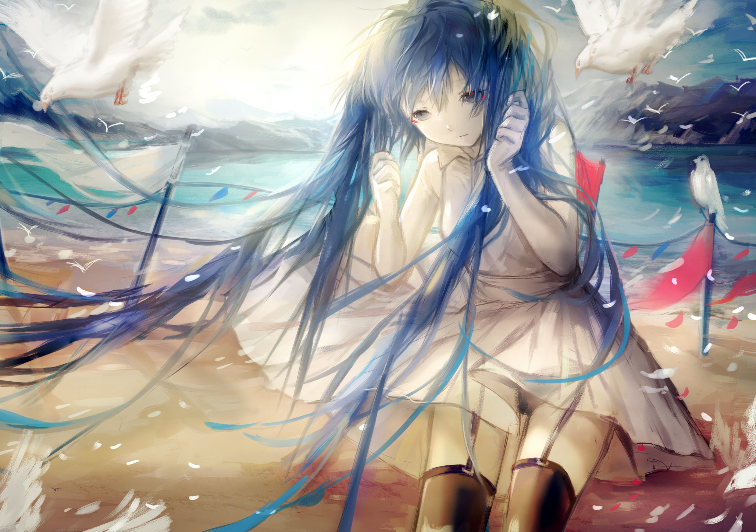 Vocaloid Hatsune Miku Girl Beach Blue Eyes Blue Hair Long Hair 2480x1748