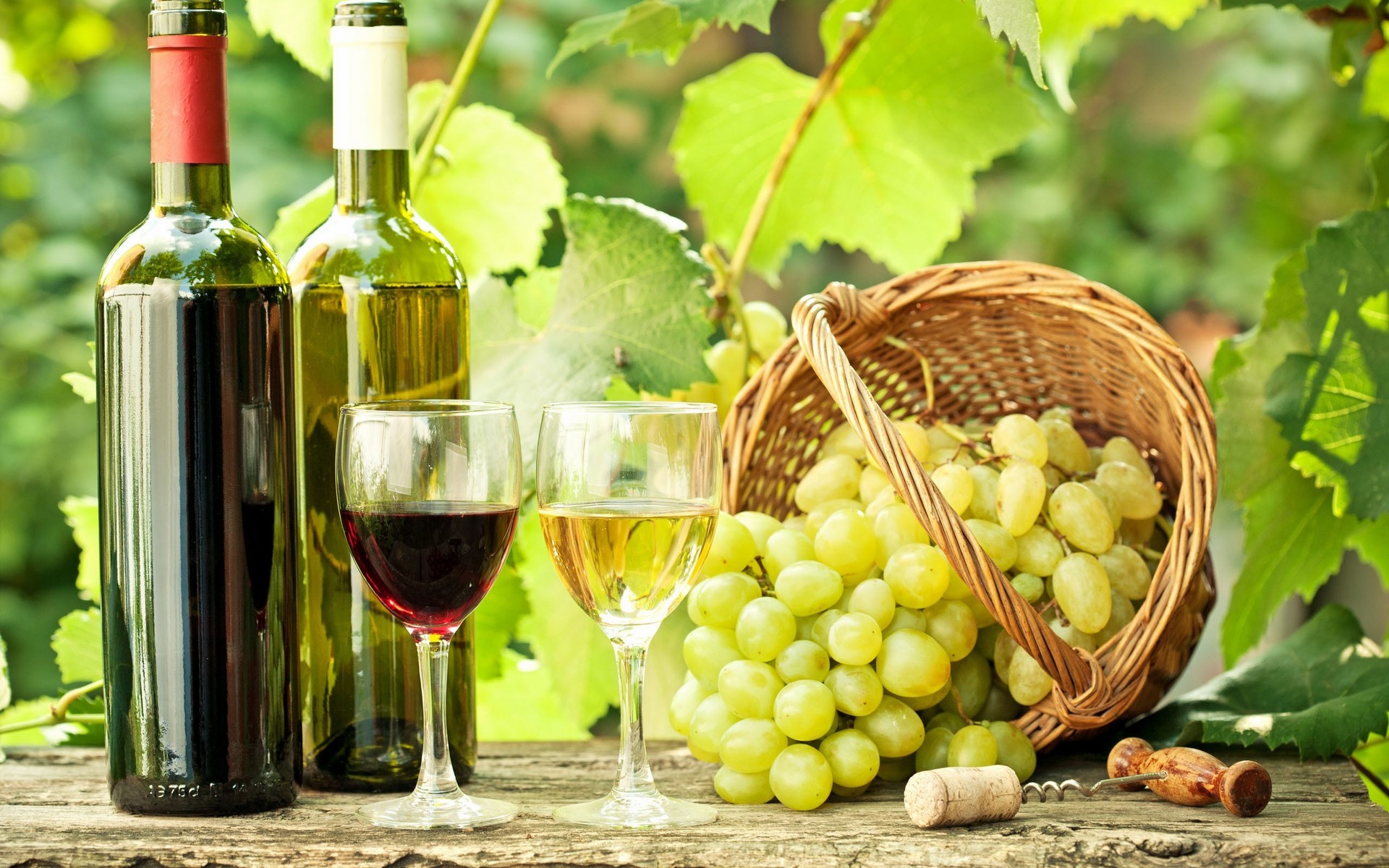 Wine Drink Grapes Food Bottles Alcohol Leaves Plants Red Wine White Wine Cork Bottle Opener Cane Bas 1920x1200