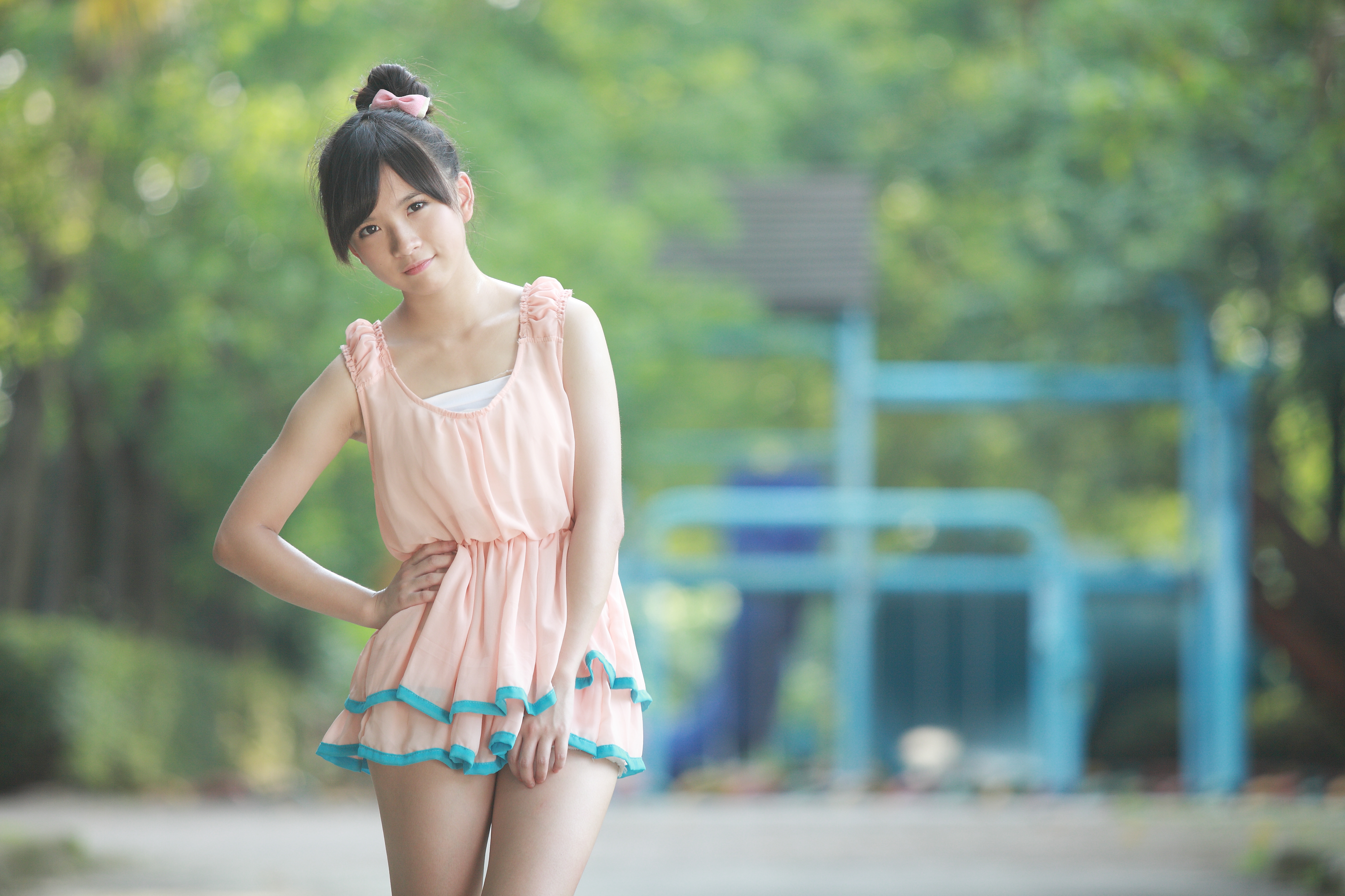 Women Xiaojing Asian Brunette Hands On Hips Looking At Viewer Hairbun Pink Dress 5616x3744