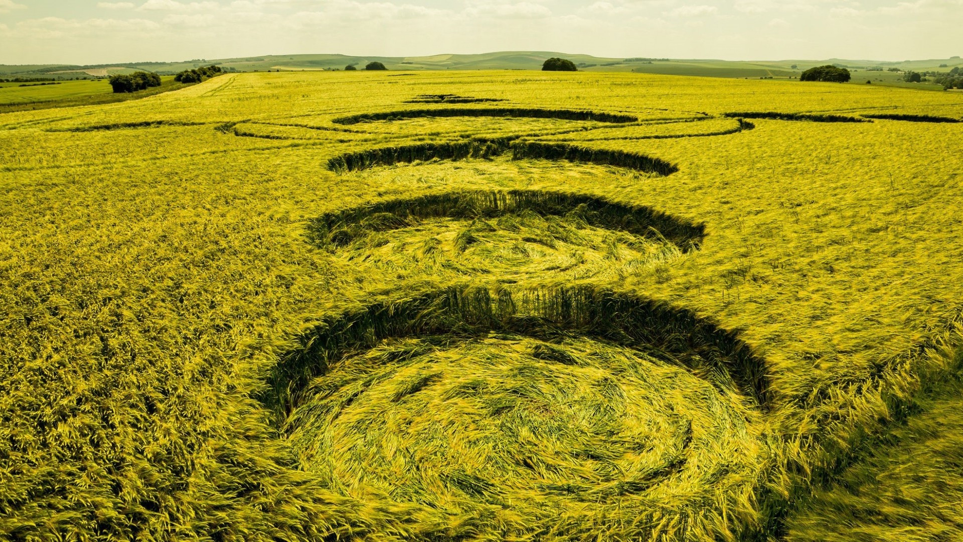 Nature Landscape Hay Field Circle Hills Trees UFOs Crop Circles 1920x1080