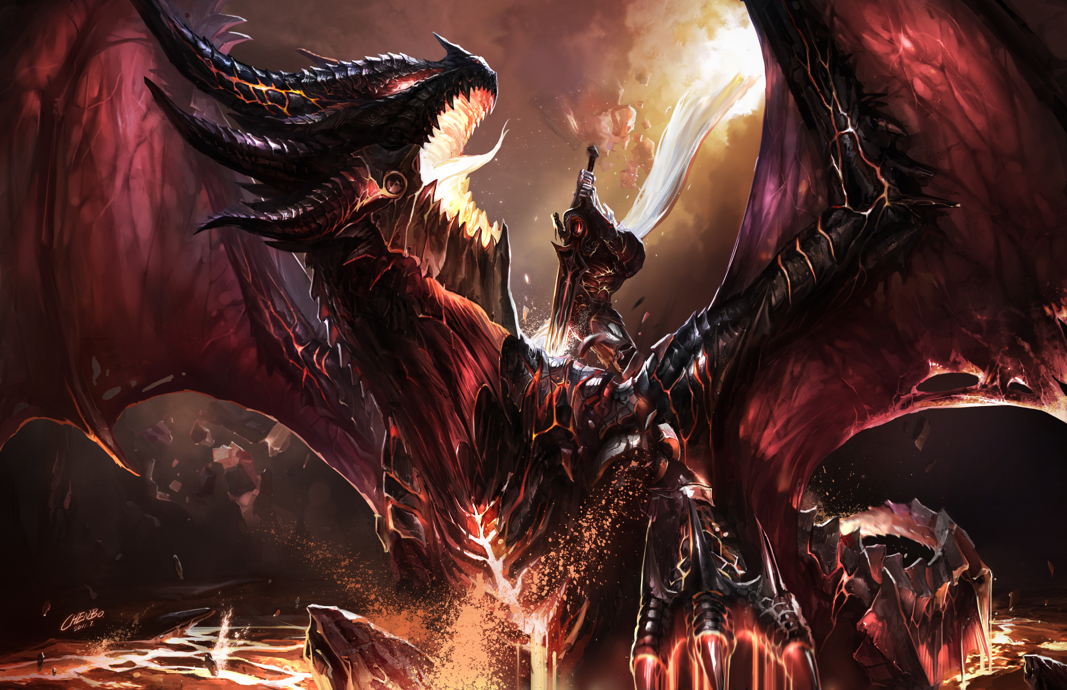 Chenbo Fantasy Art Armor Dragon Weapon Sword Lava Knight Warcraft World Of Warcraft Deathwing 3508x2269