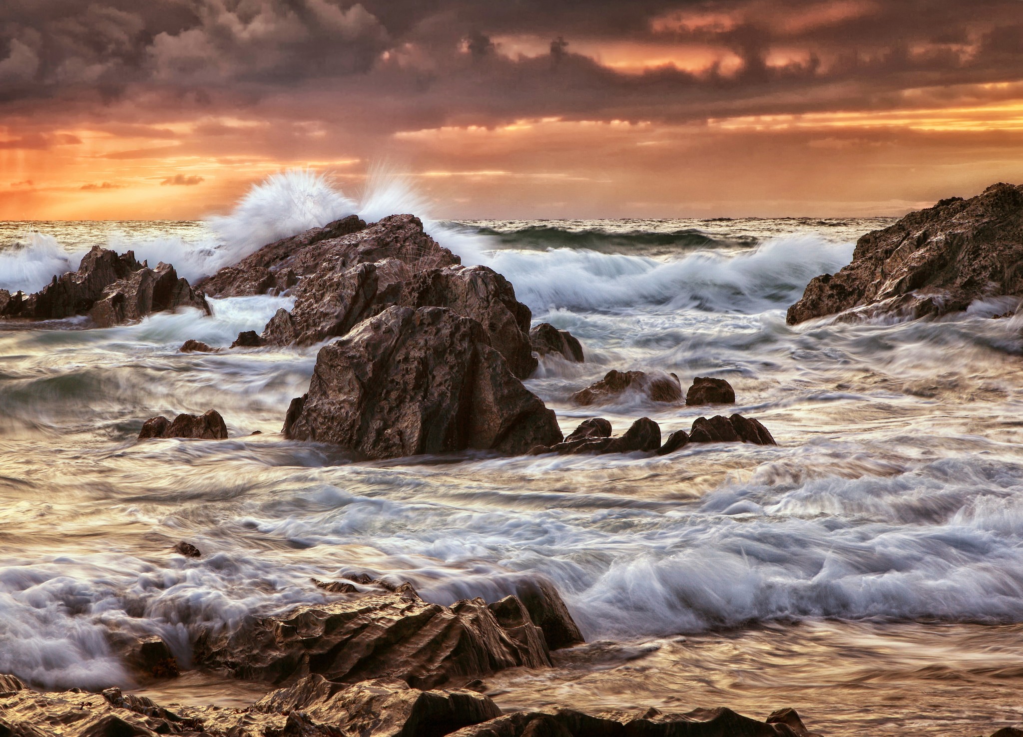 Sea Wave Tide Cloud Sunset Rock 2048x1476