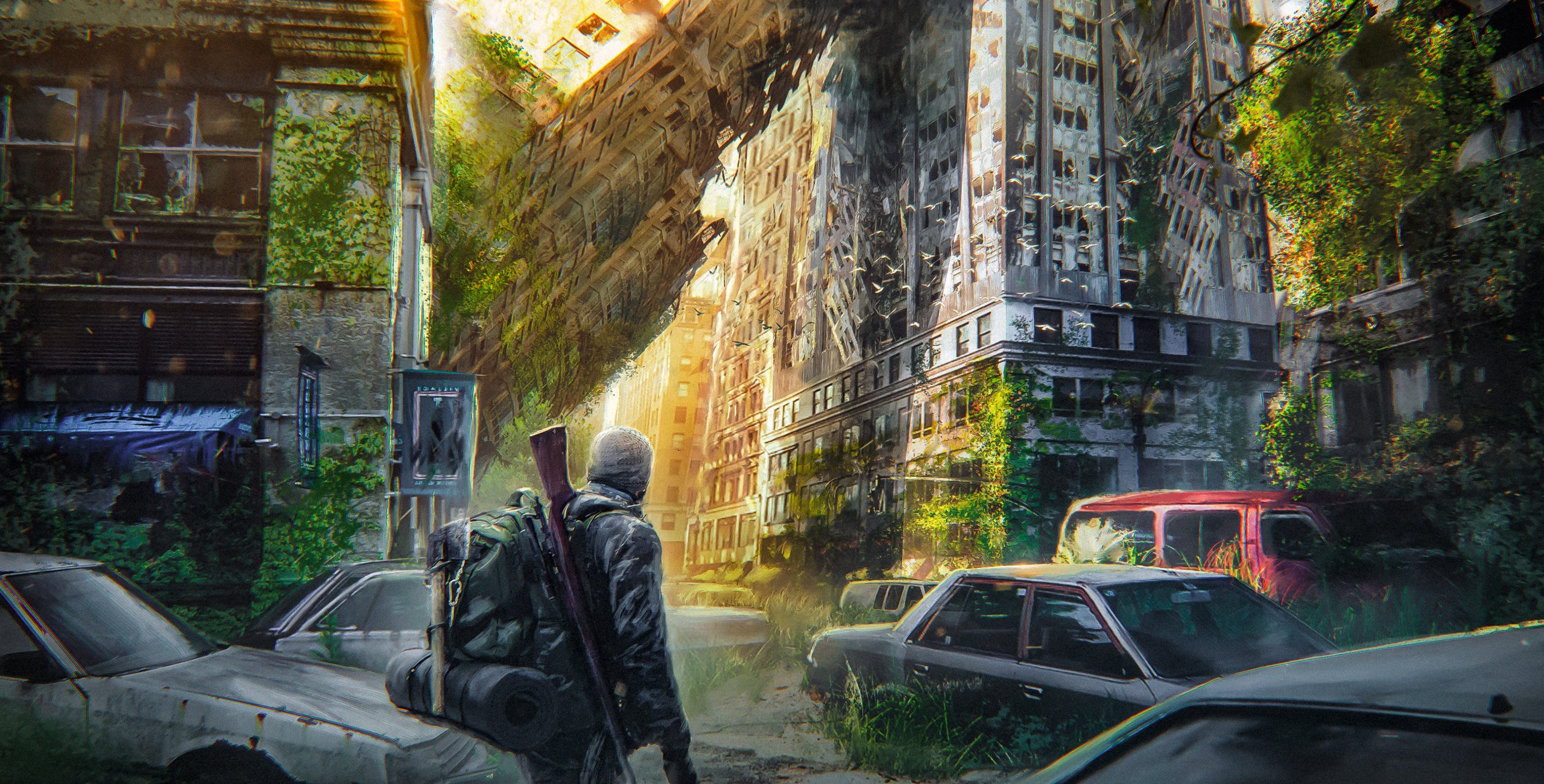 Artwork Digital Art Science Fiction Apocalyptic Disaster Destruction Building Car Men Backpacks Rifl 2560x1301