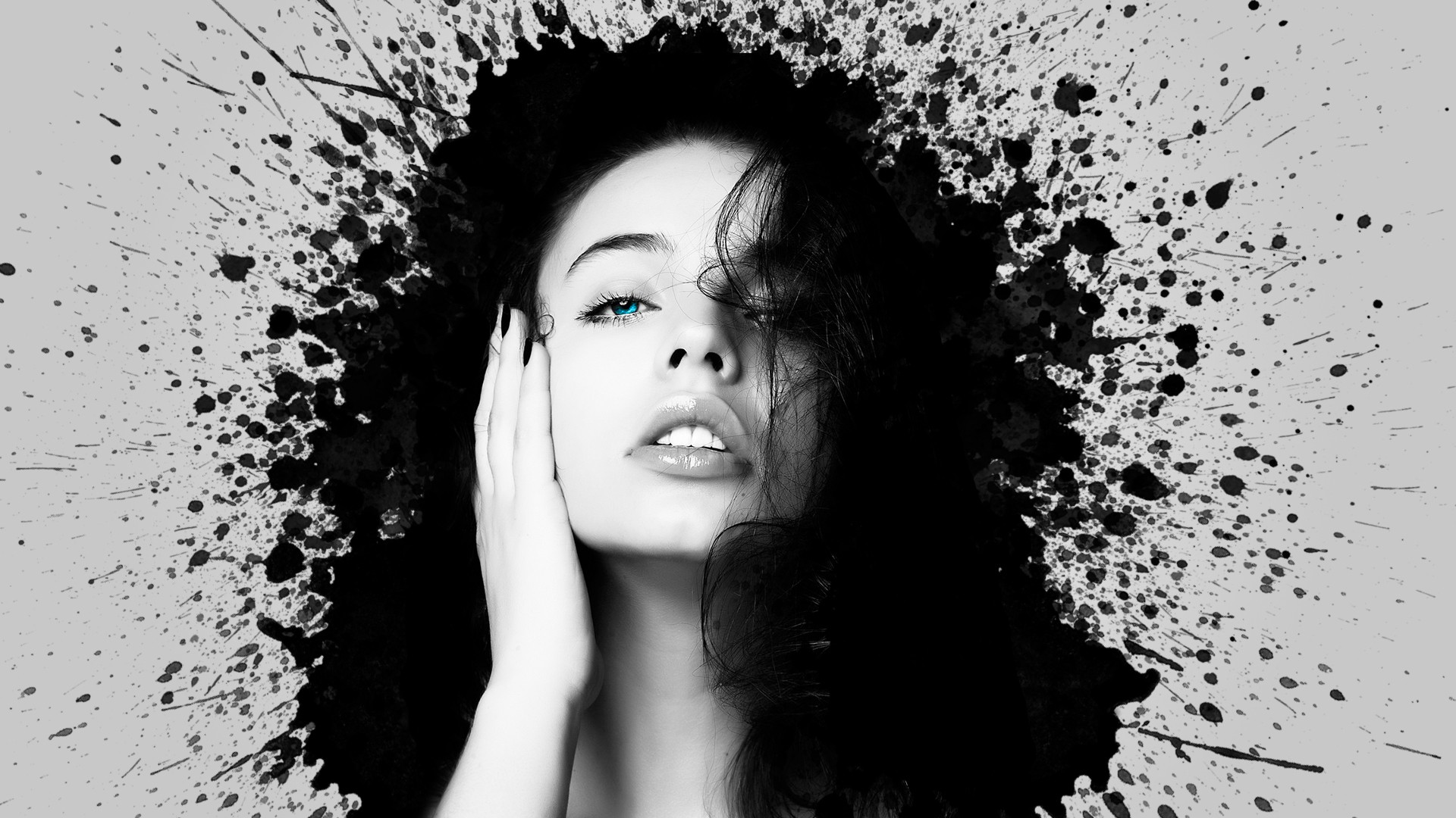 Paint Splatter Photo Manipulation Face Eyes Lips Selective Coloring Blue Eyes Open Mouth Women Hand  1920x1080