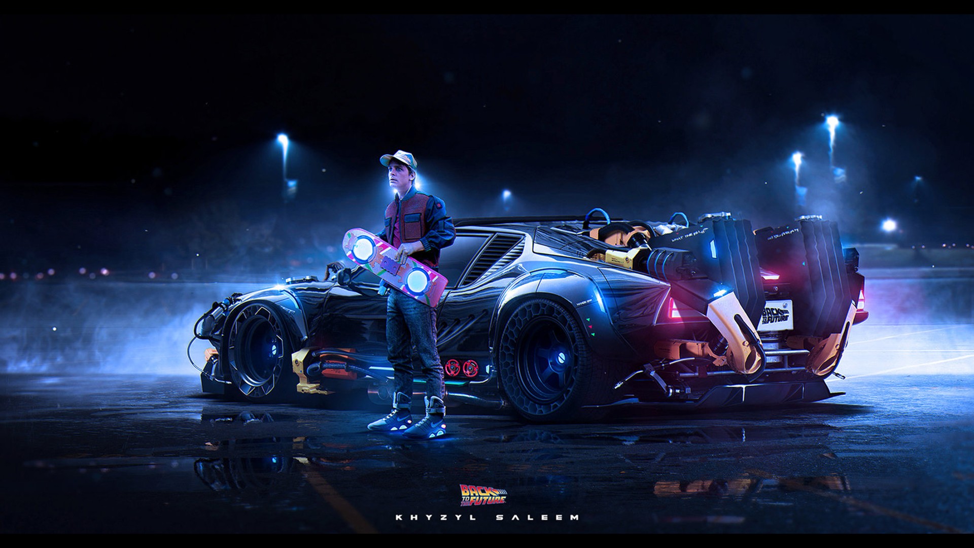 Back To The Future Artwork Digital Art Car Back To The Future Car Dark Background Dark Night Digital 1920x1080