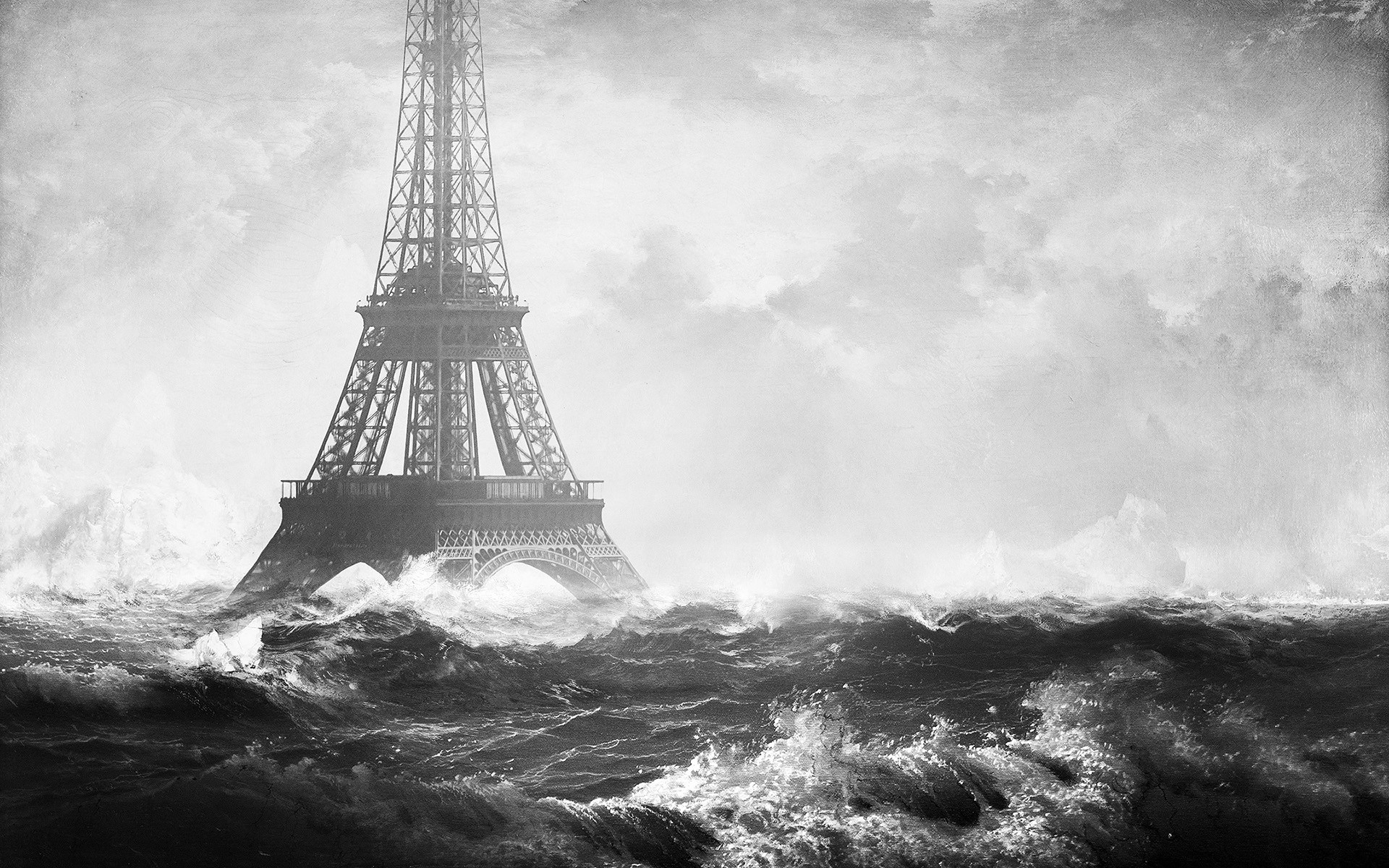 Eiffel Tower Photo Manipulation Water Storm Flood Waves Gray Monochrome 1920x1200