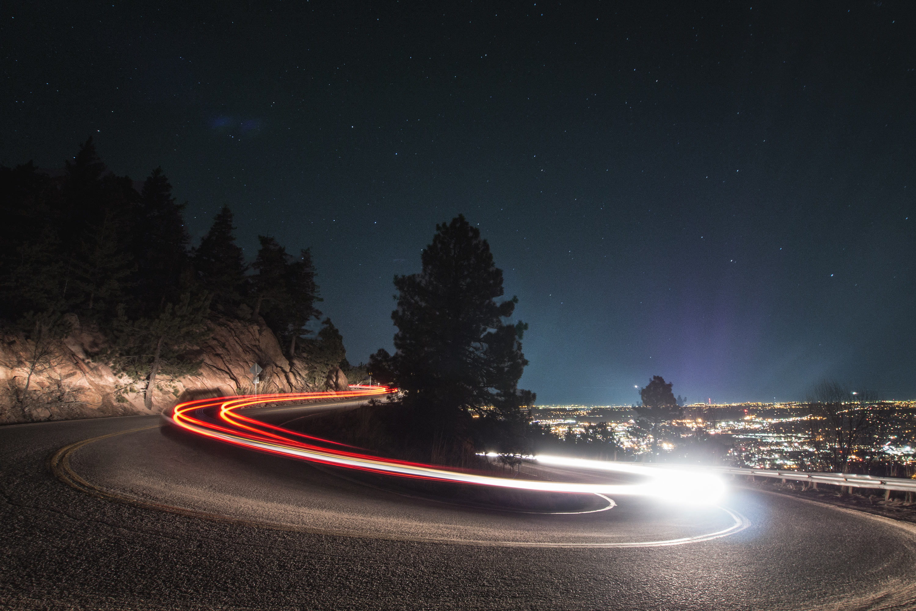 Road Trees City Night Sky Car Photography Lightpaint 3000x2000