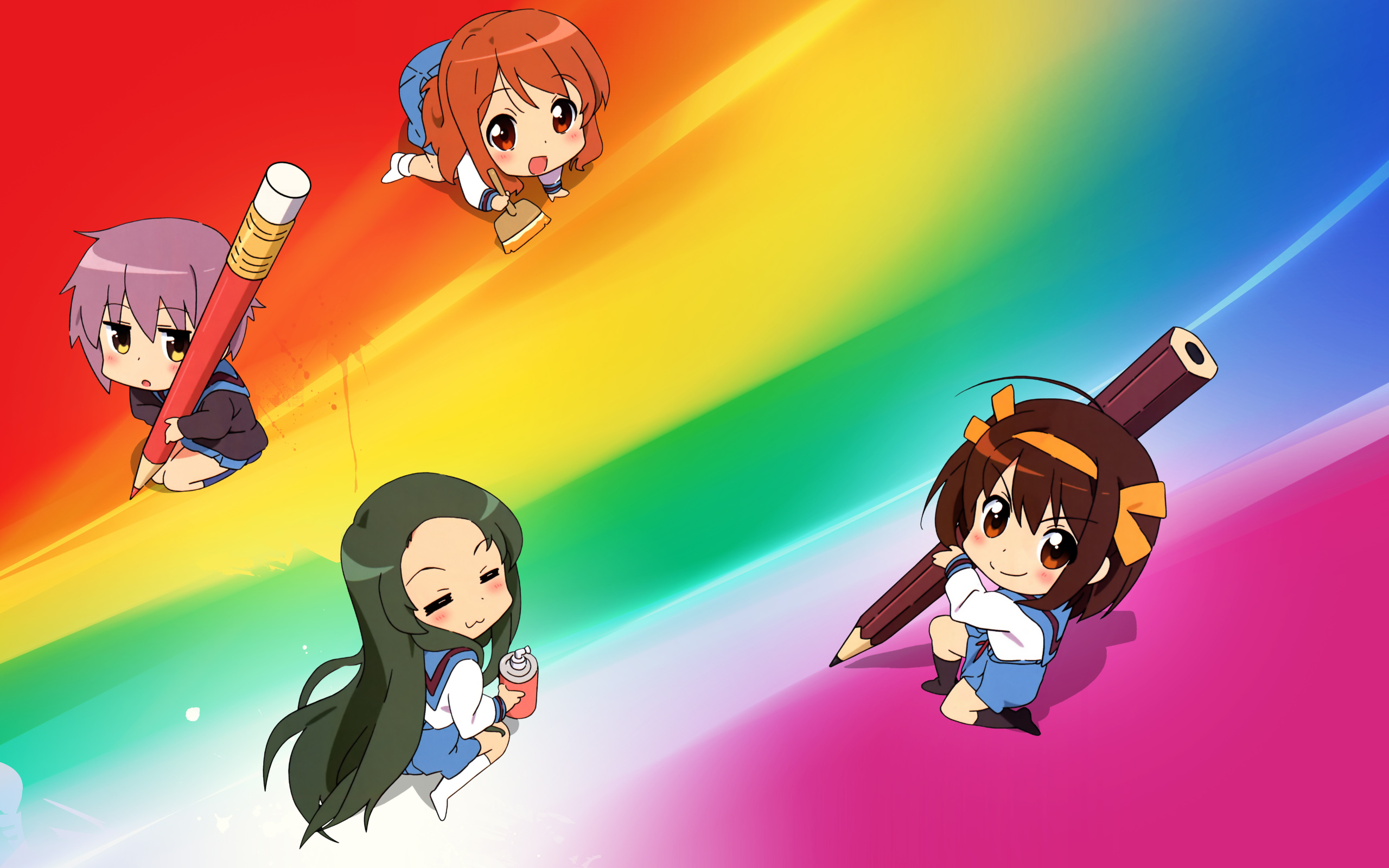 Haruhi Suzumiya Yuki Nagato Mikuru Asahina Tsuruya Haruhi Brown Hair Brown Eyes Short Hair School Un 2560x1600