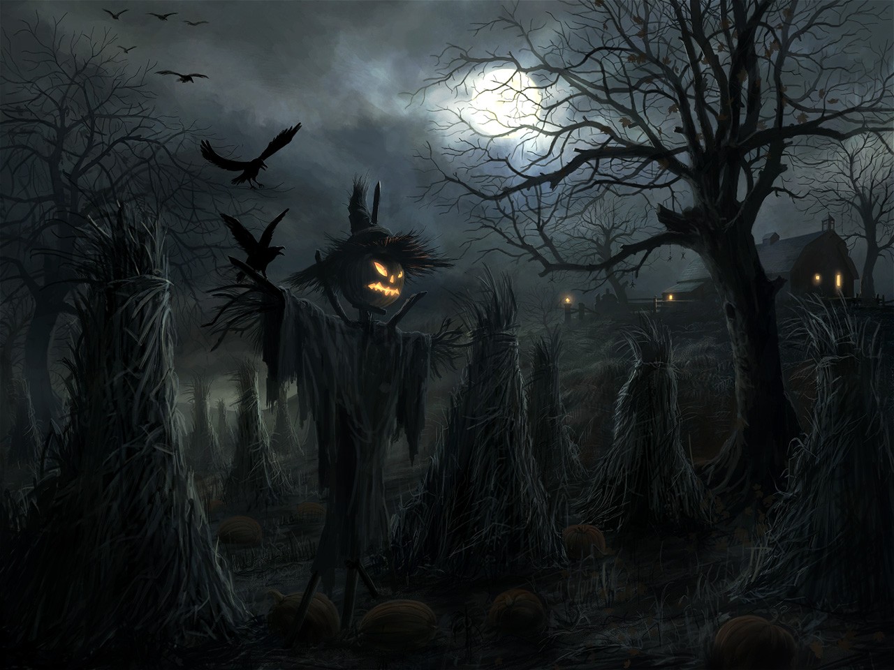 Halloween Raven Fantasy Art Moon Scarecrows Night 1280x960