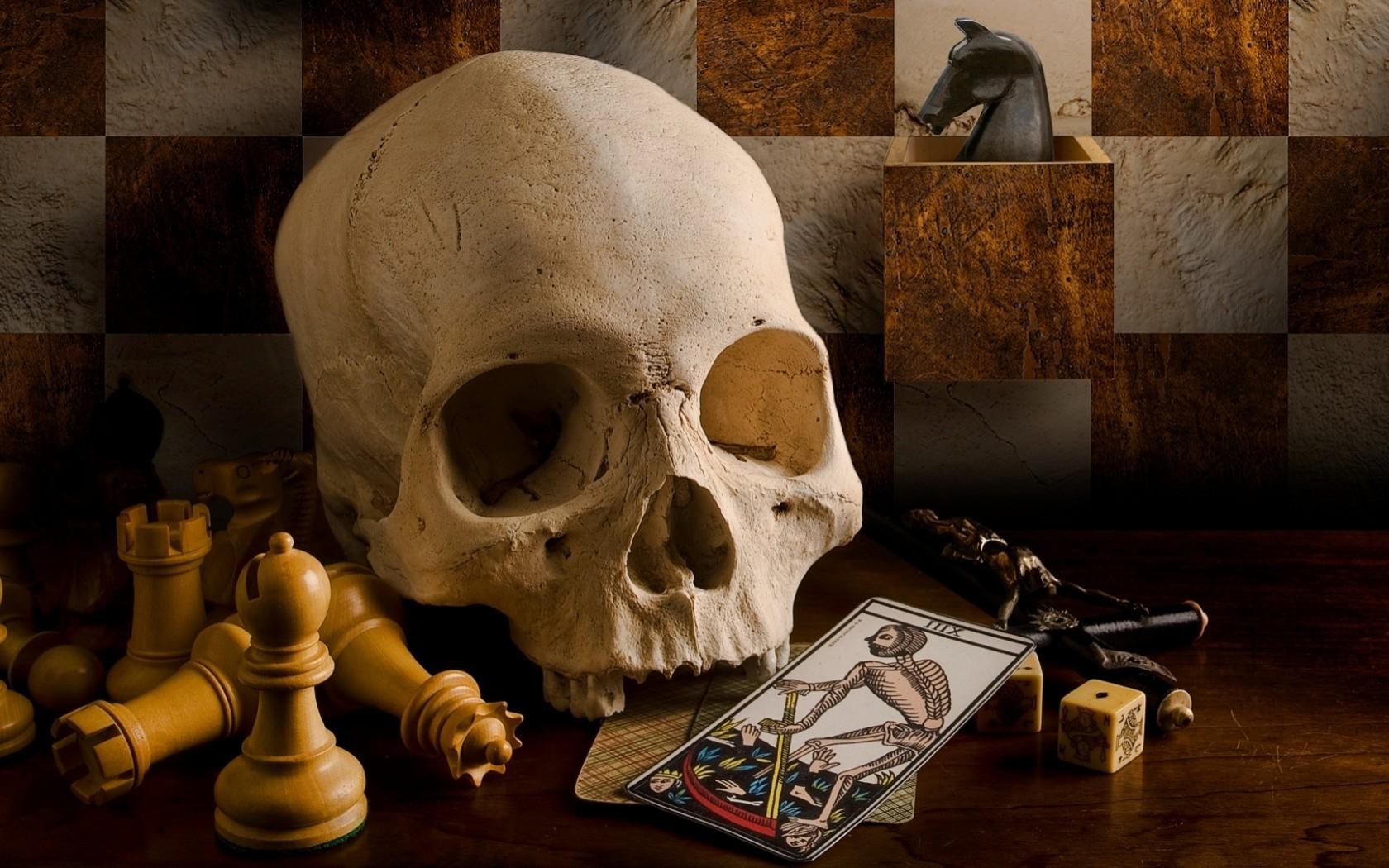Skull Death Playing Cards Chess Dice Pawns Teeth Horse Checkered Board Games Scythe Cross Table Wood 1680x1050