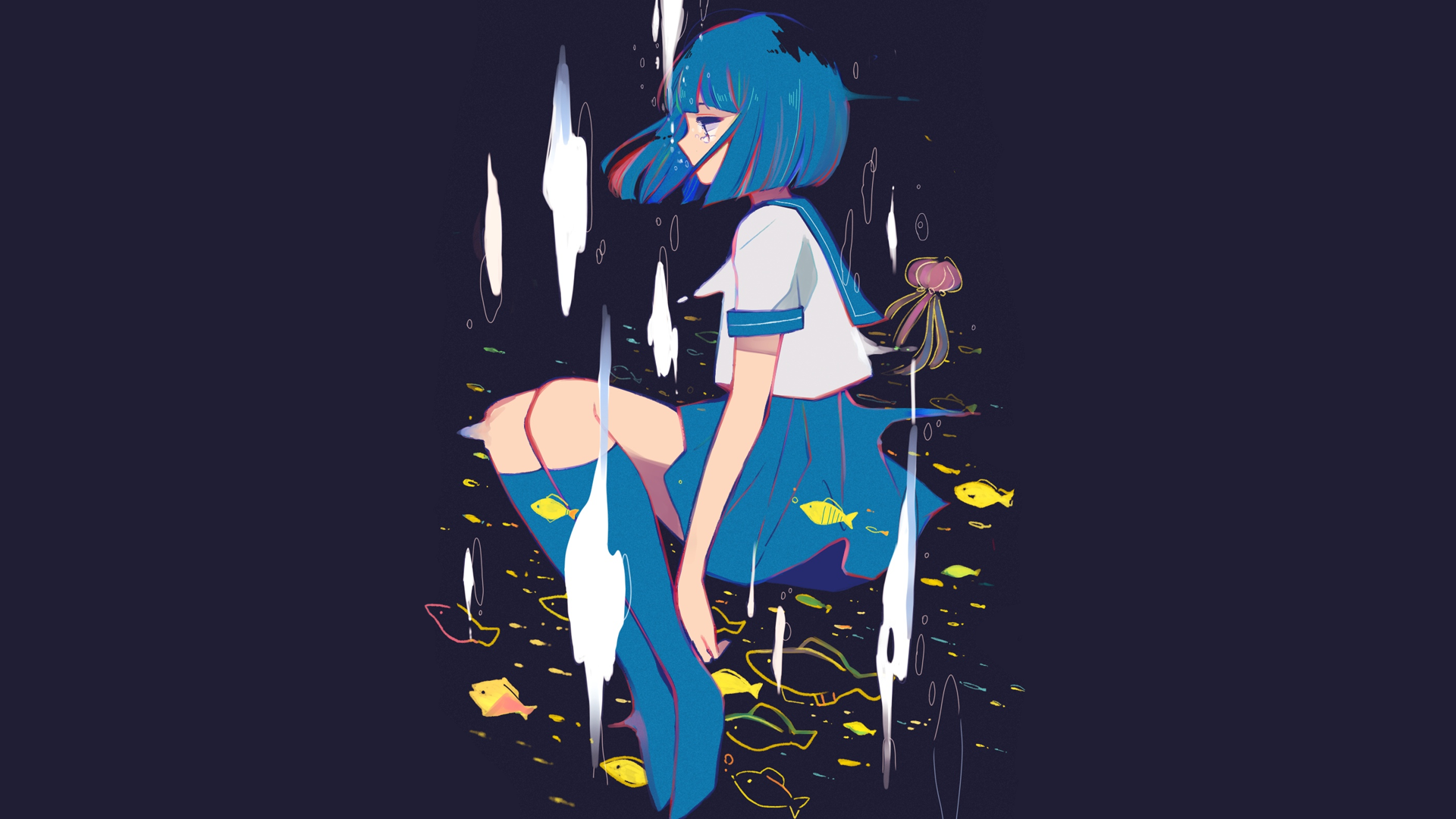 Anime Manga Anime Girls Dark Blue Fish Blue Hair Sailor Uniform Simple Background 1920x1080