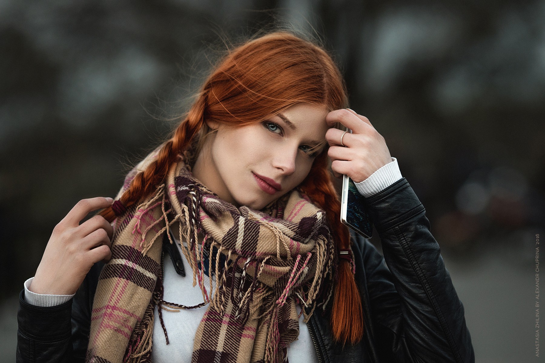 Women Anastasia Zhilina Redhead Face Portrait Looking At Viewer Long Hair Braids Black Jackets Jacke 1800x1200