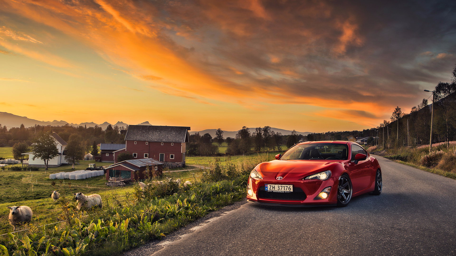 Toyota Toyota GT86 Car Sunset Red Cars Sheep Farm Front Angle View Toyobaru 1920x1080