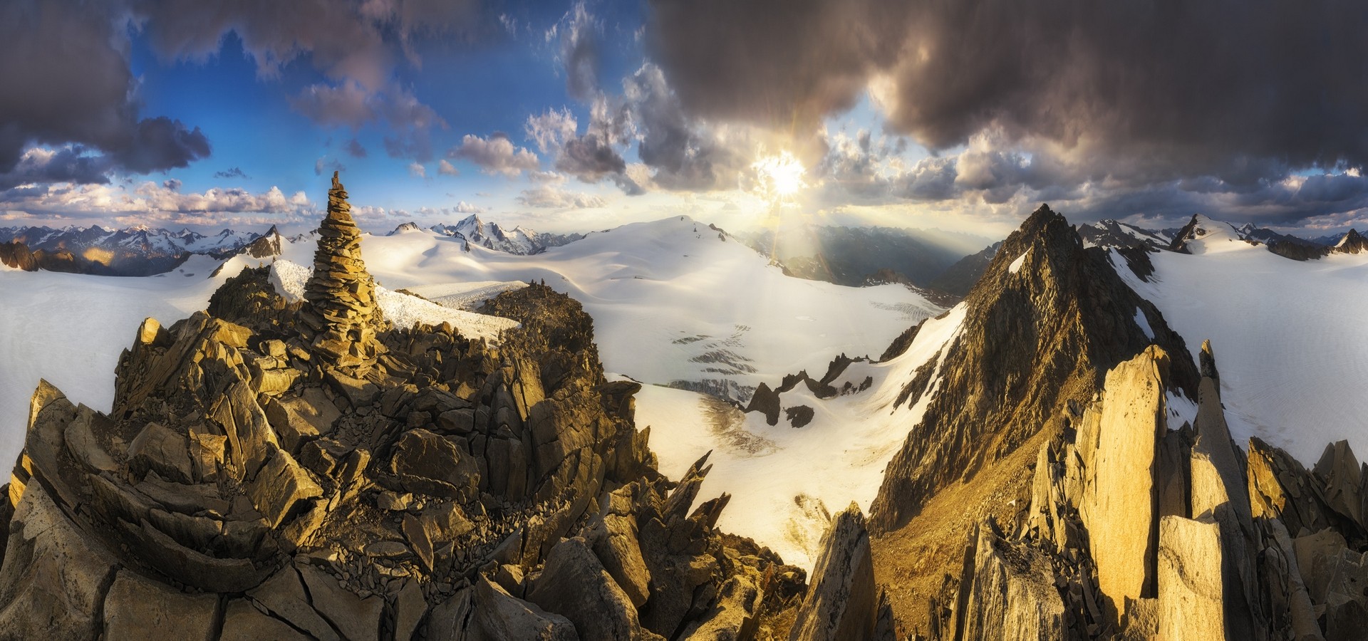 Nature Landscape Panoramas Sunset Mountains Clouds Tyrol Austria Snow Sun Rays Snowy Peak Summit 1920x900