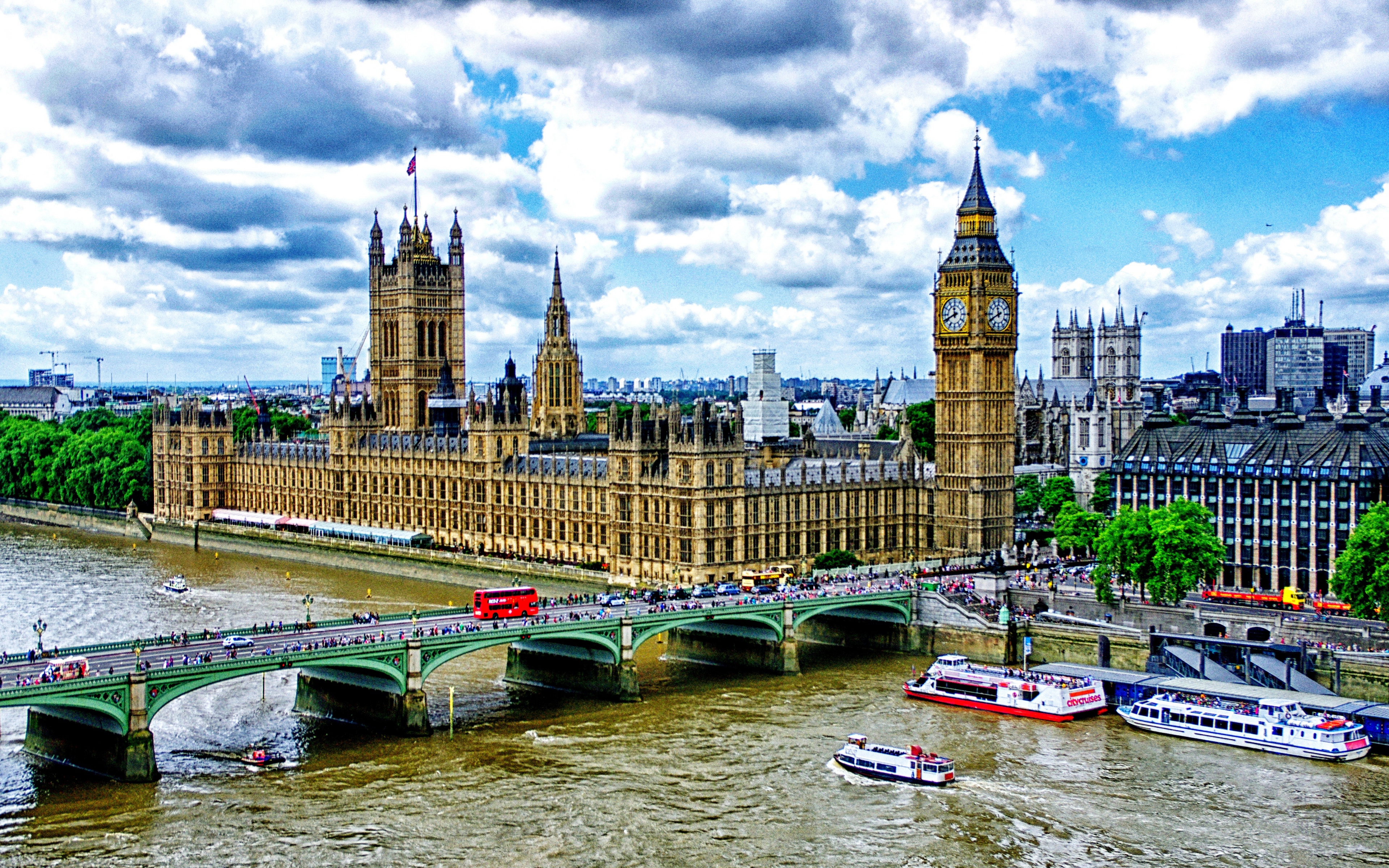London Cityscape Palace Of Westminster Big Ben Bridge Building Boat 3840x2400
