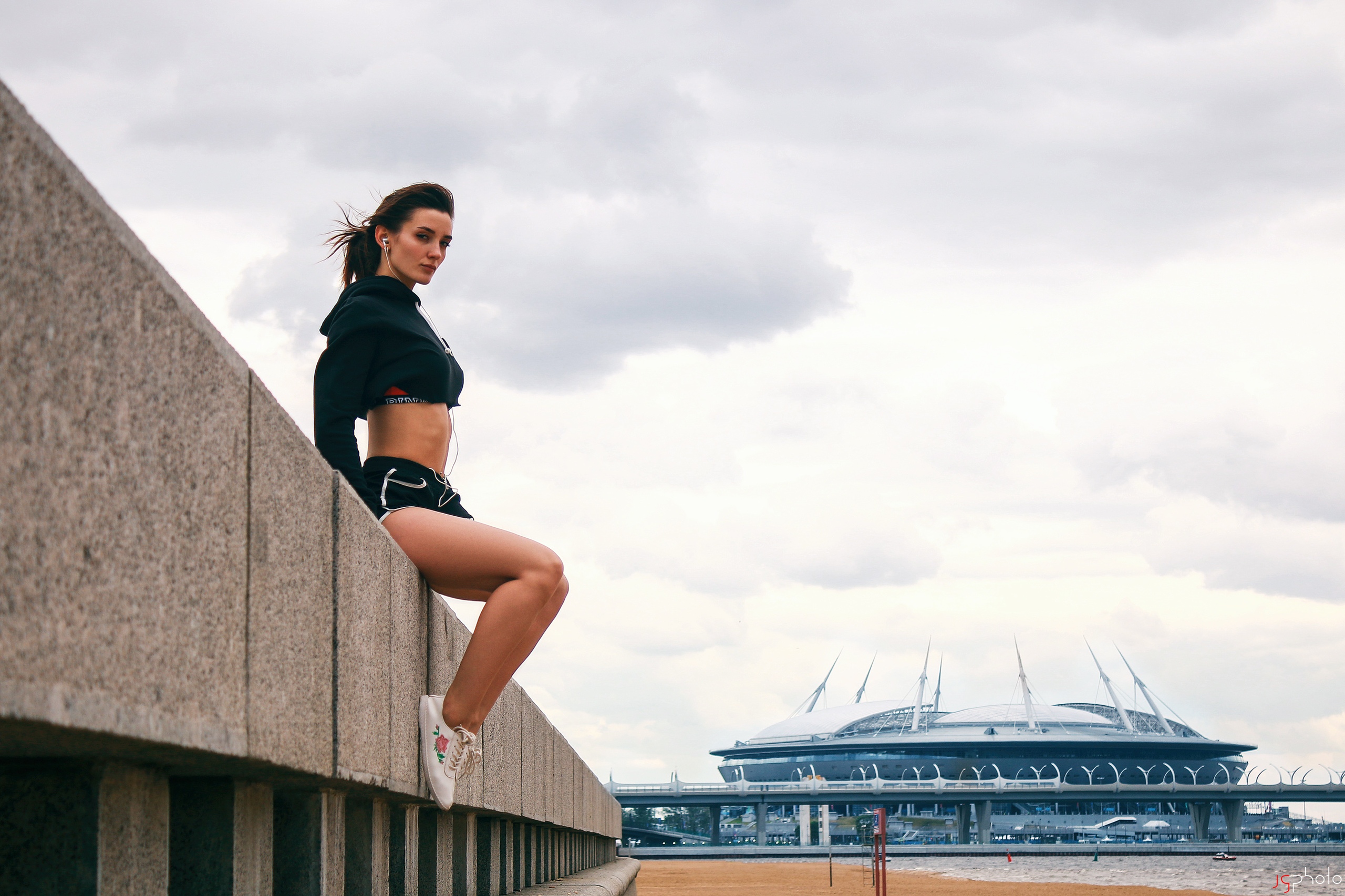 Women Model Brunette Ponytail Sweatshirts Looking At Viewer Sitting Legs Sky Clouds Sneakers Sportwe 2560x1706