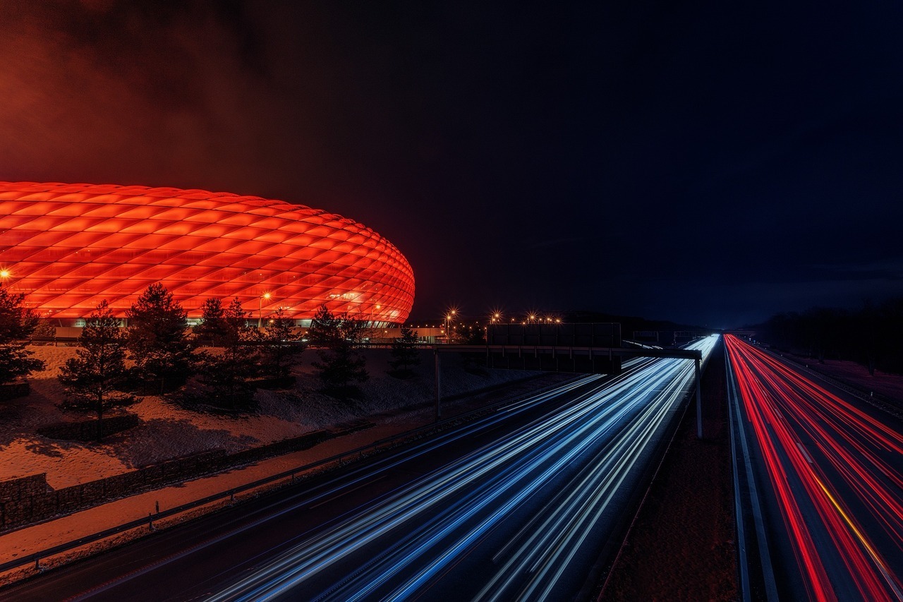 Photography Night Long Exposure Road Munich Germany Stadium Football Stadium Allianz Arena Trees Lig 1280x853