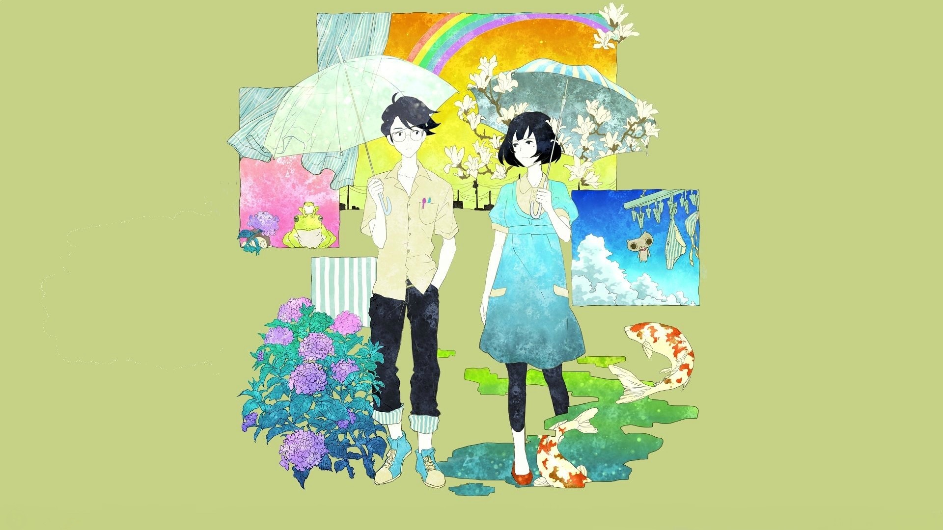 The Tatami Galaxy Yojouhan Shinwa Taikei Anime Boys Umbrella Simple Background Anime Girls Frontal V 1920x1080