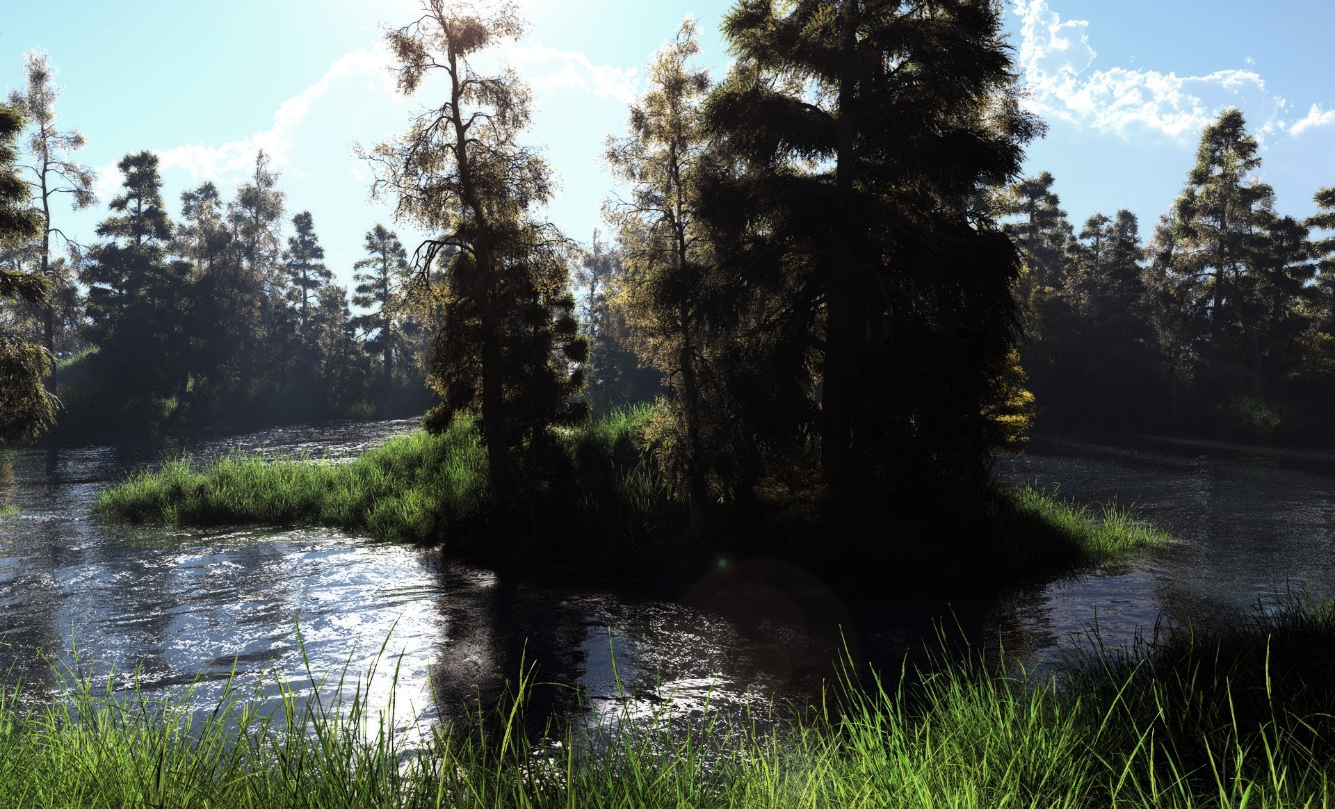 River Forest Island Islet Grass Sunny CGi Digital Art Landscape 1920x1164