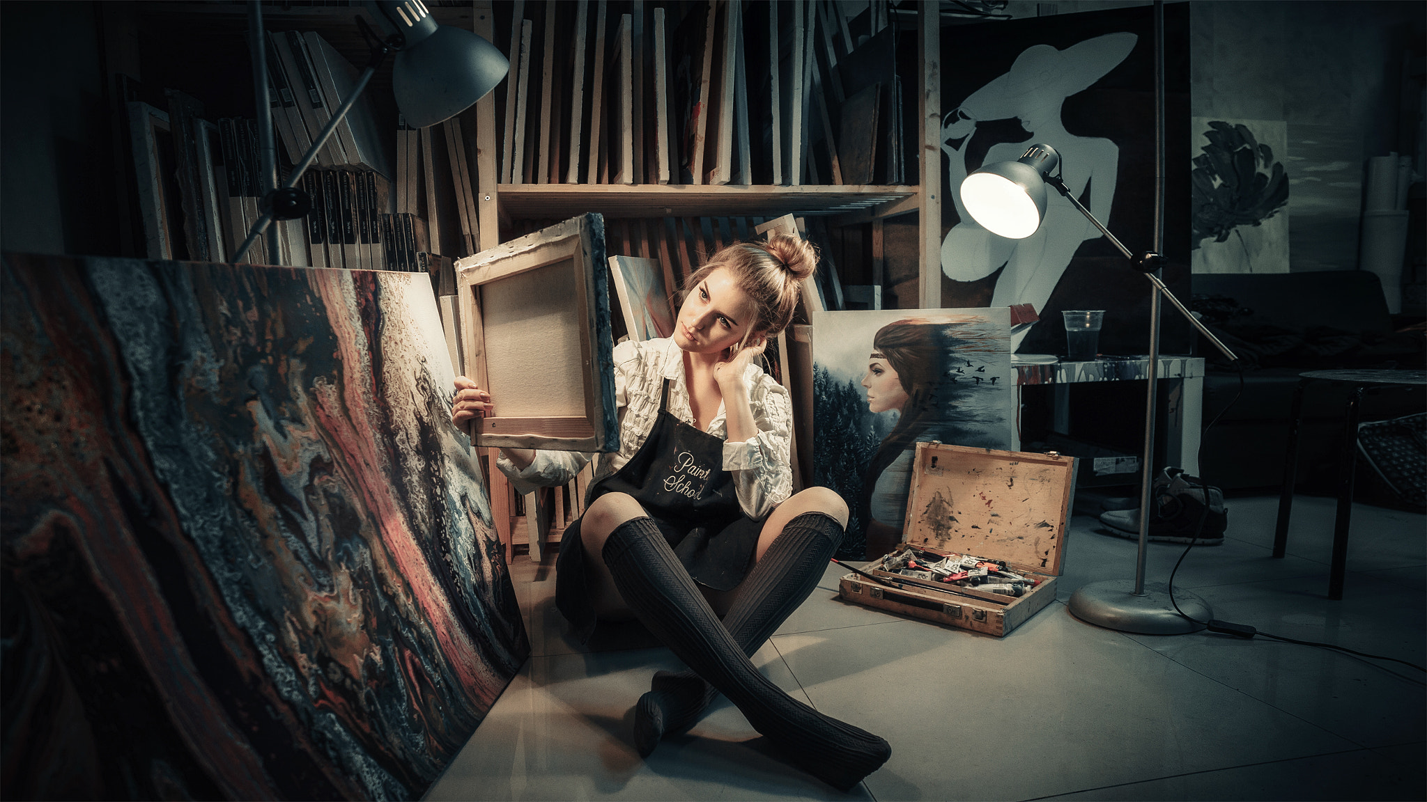 Women Blonde Andrew Vasiliev White Shirt Apron Sitting Studios Painting 2048x1152