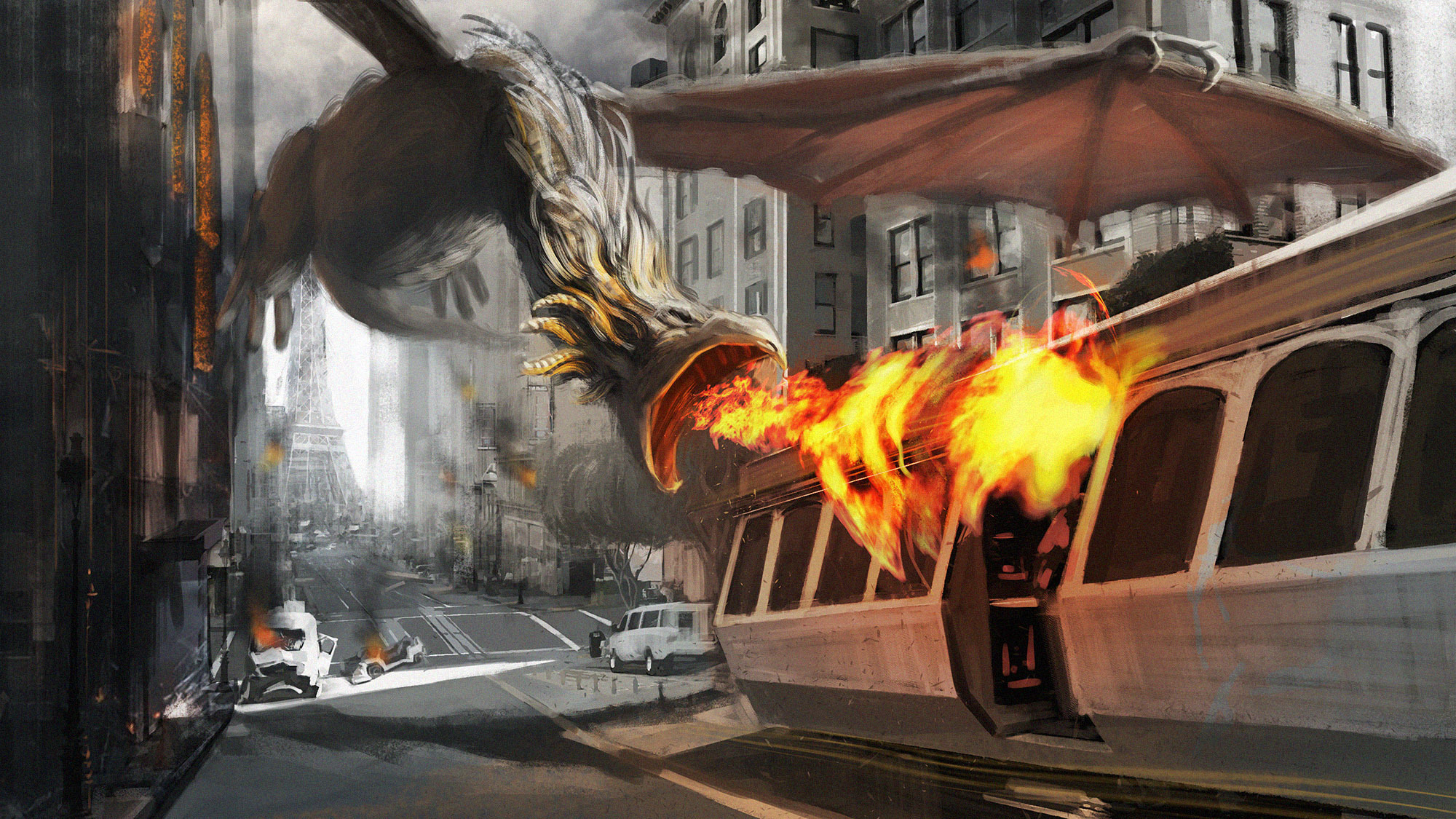 Dragon Paris City Tram Eiffel Tower Wyvern Dragon Attack Rampage Destruction 2000x1125